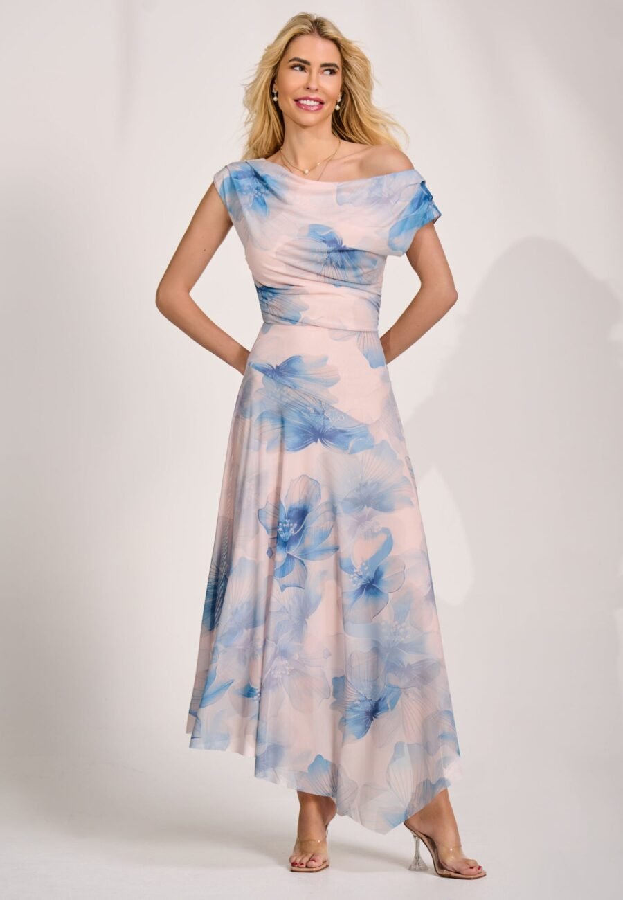 Asymmetric Draped Mesh Maxi Dress, Blue Floral