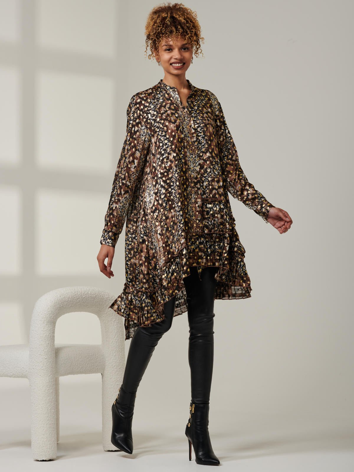 Metallic Dot Asymmetric Hem Shirt, Animal Multi - Image 4