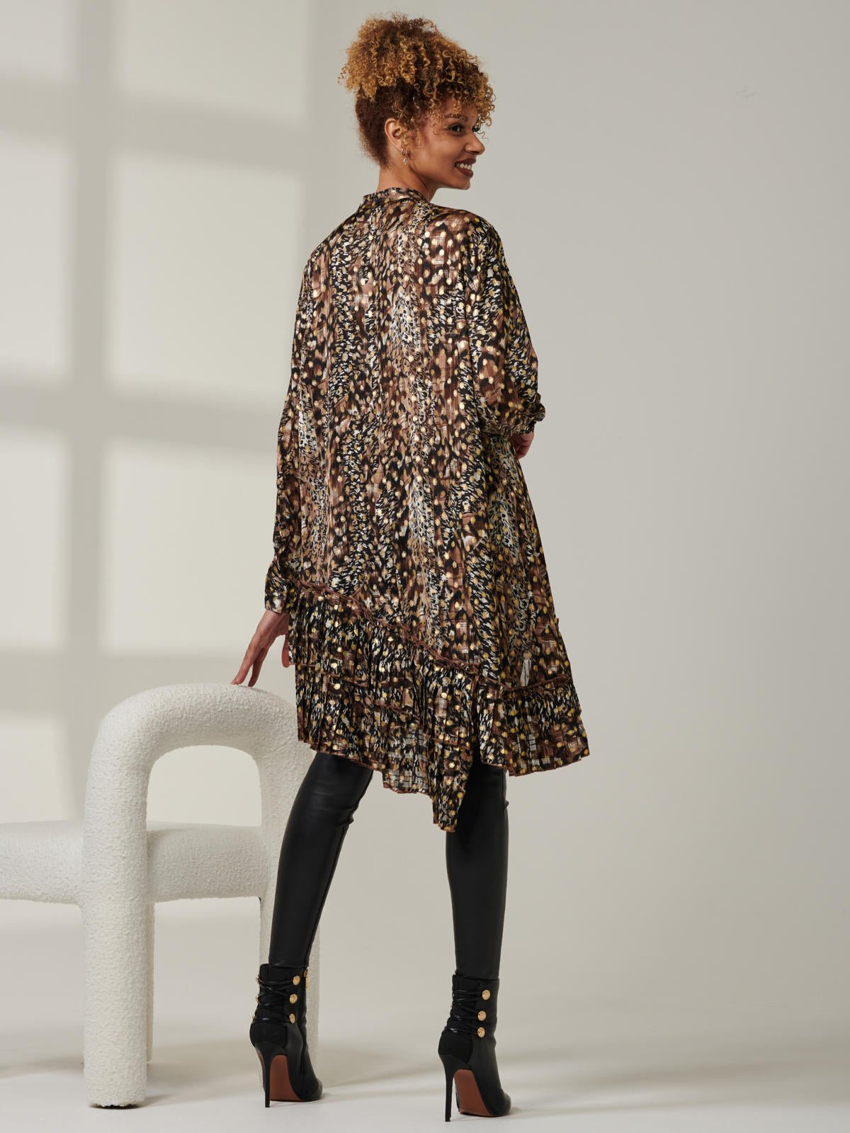 Metallic Dot Asymmetric Hem Shirt, Animal Multi - Image 2