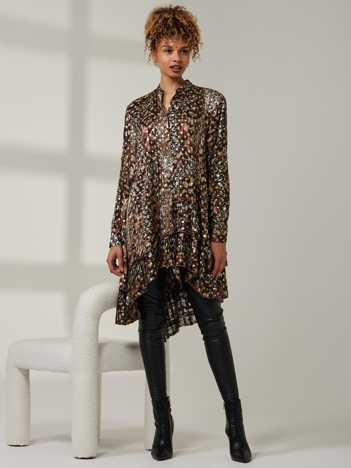 Metallic Dot Asymmetric Hem Shirt, Animal Multi - Image 5