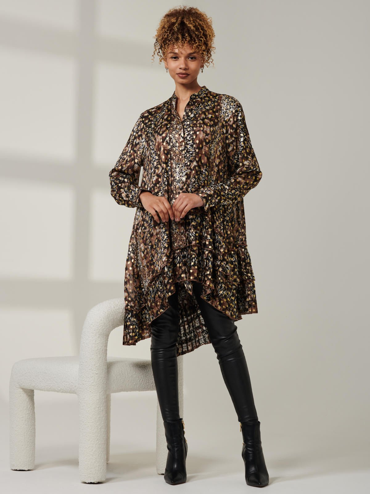 Metallic Dot Asymmetric Hem Shirt, Animal Multi - Image 7