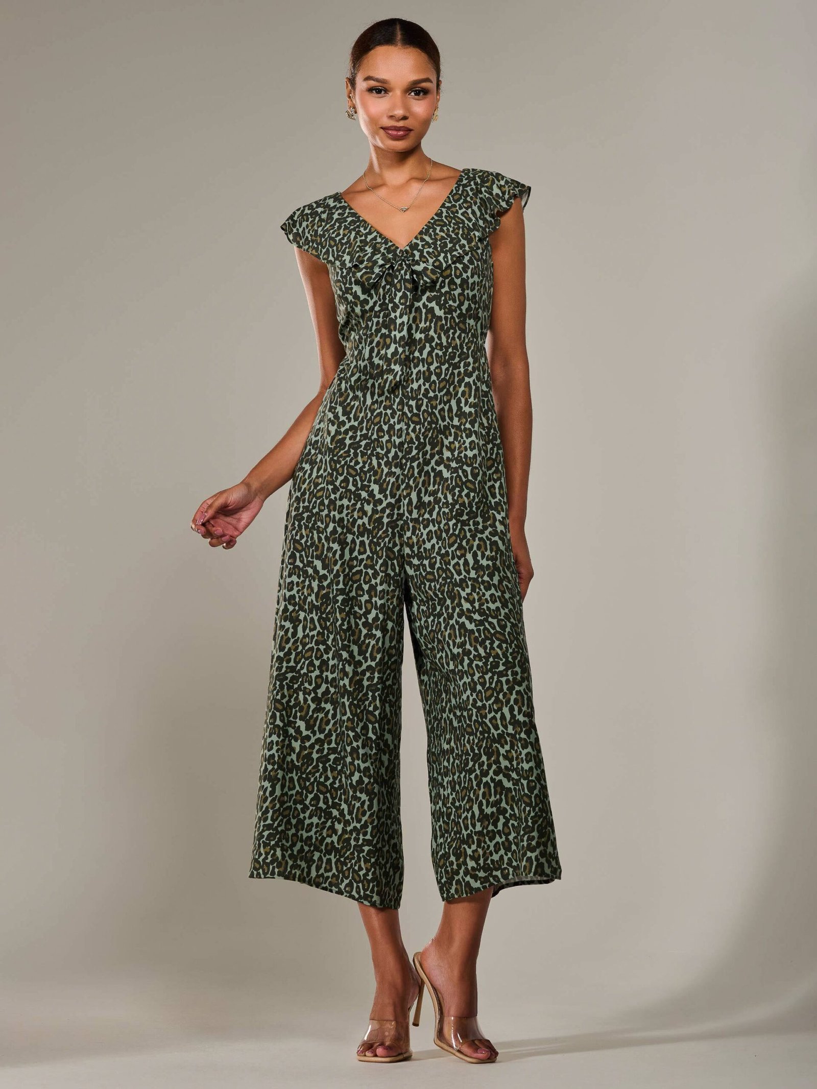 Frill Tie-front Jumpsuit, Green Leopard