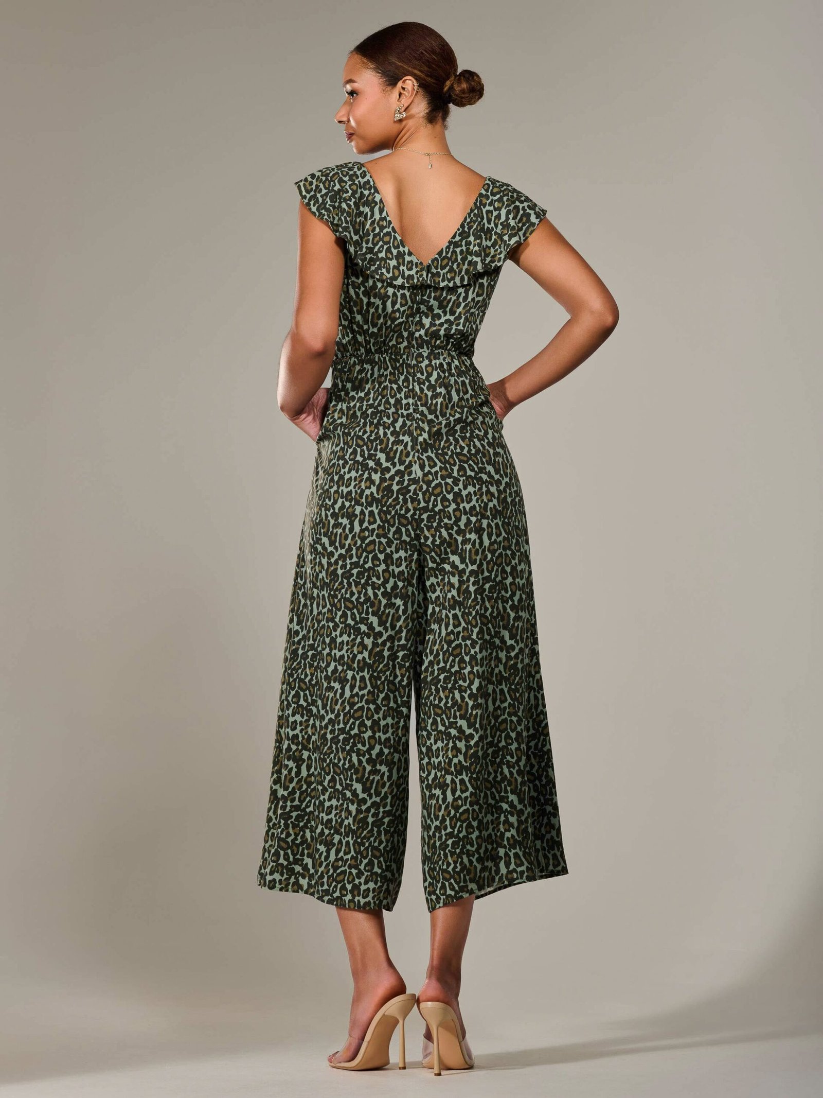 Frill Tie-front Jumpsuit, Green Leopard - Image 2