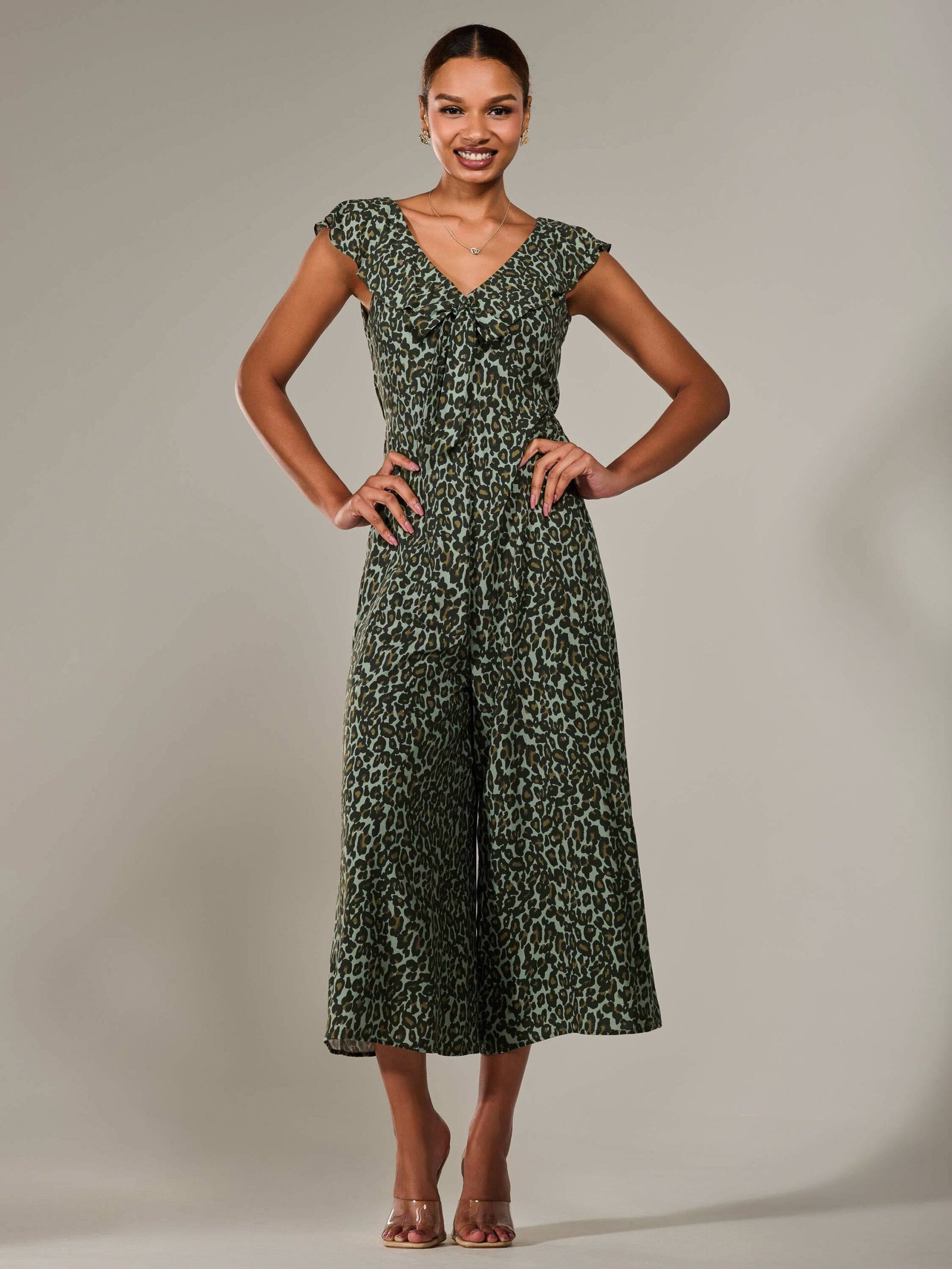 Frill Tie-front Jumpsuit, Green Leopard - Image 6