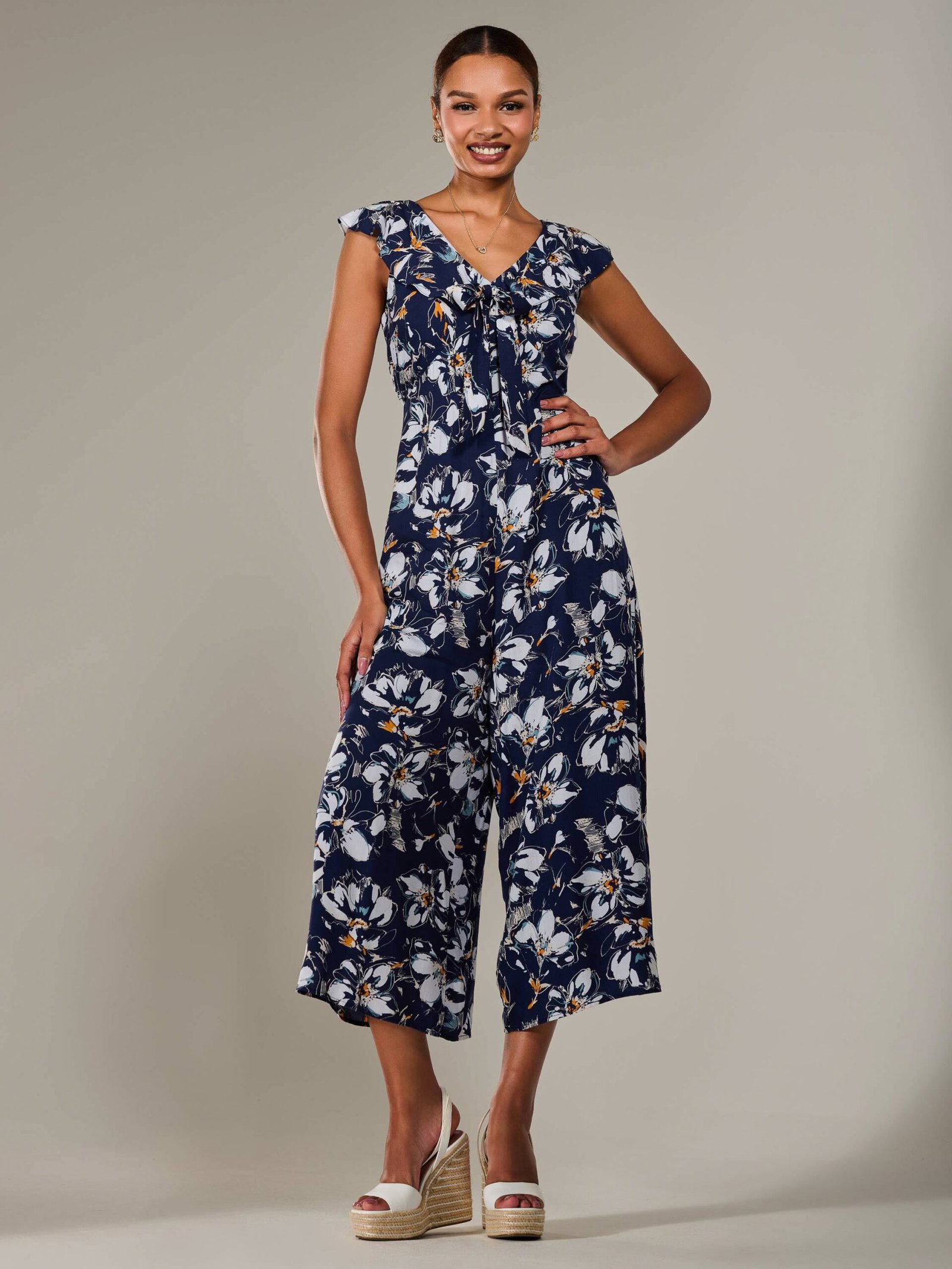 Frill Tie-front Jumpsuit, Navy Abstract