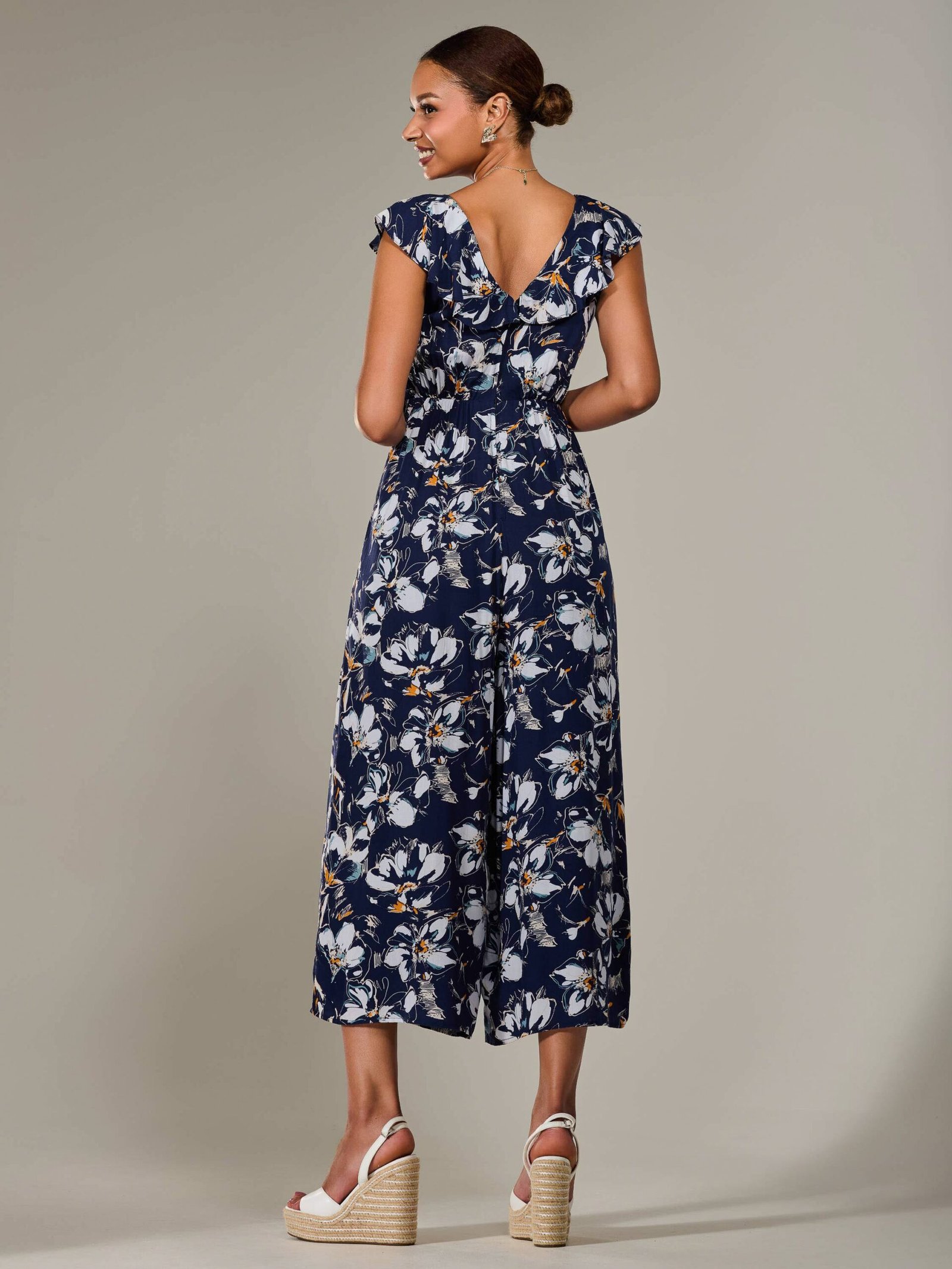 Frill Tie-front Jumpsuit, Navy Abstract - Image 2