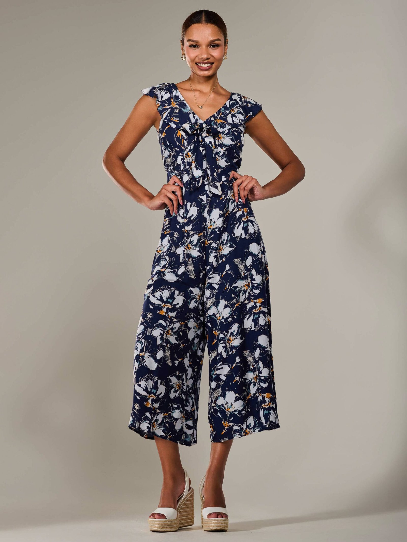 Frill Tie-front Jumpsuit, Navy Abstract - Image 4