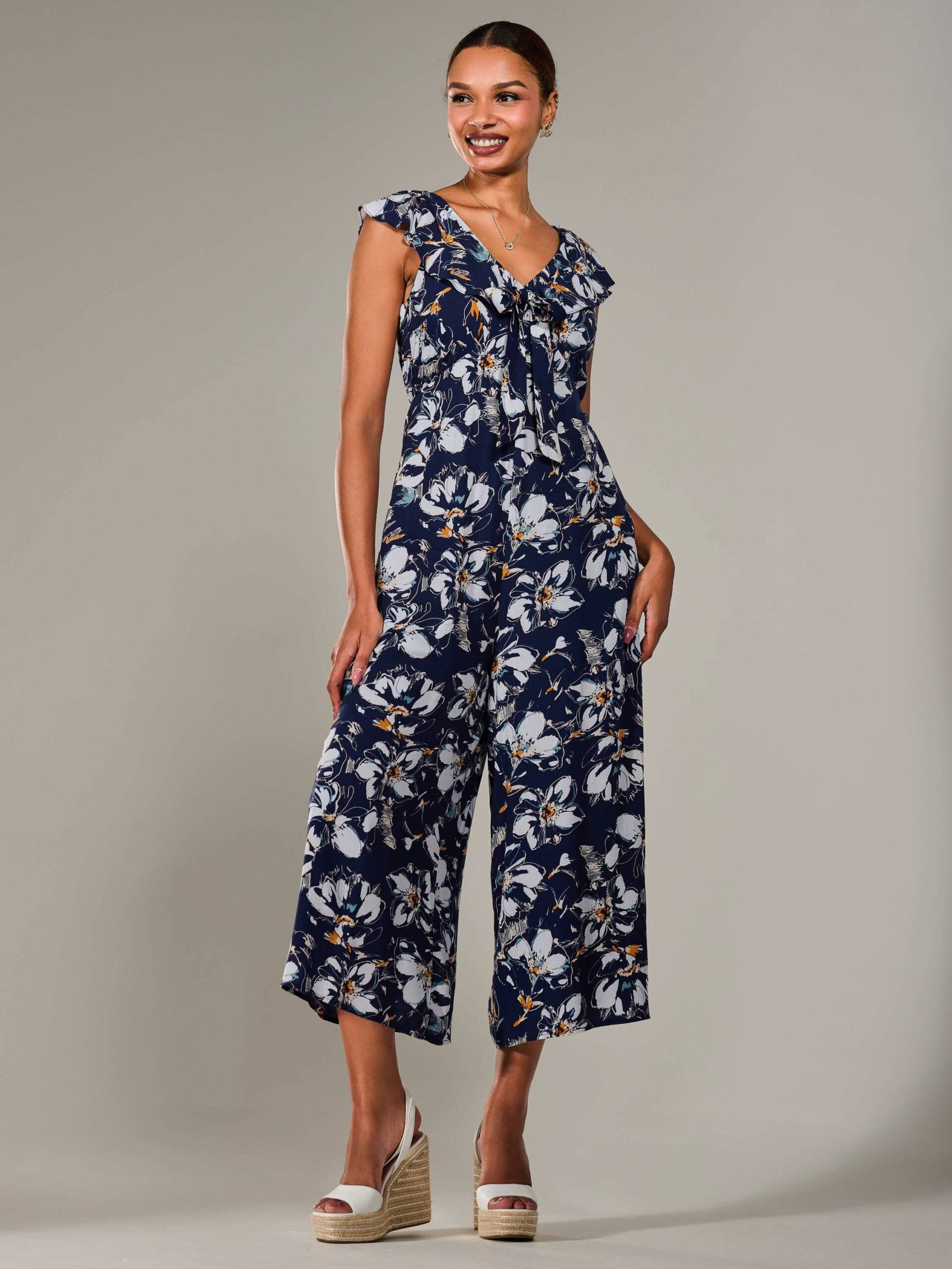 Frill Tie-front Jumpsuit, Navy Abstract - Image 5