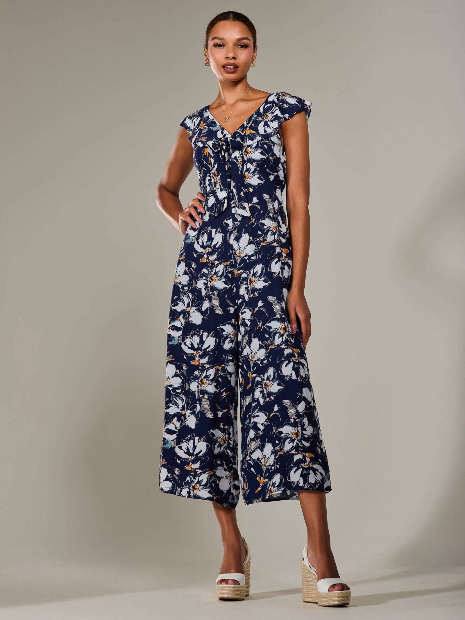 Frill Tie-front Jumpsuit, Navy Abstract - Image 6