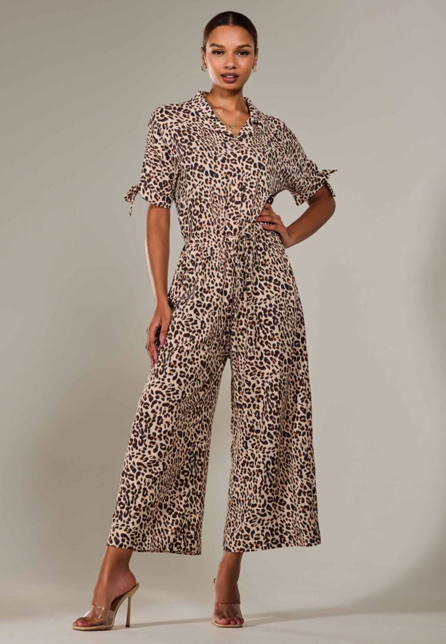 Wide Leg Half Sleeve Jumpsuit, Brown Leopard