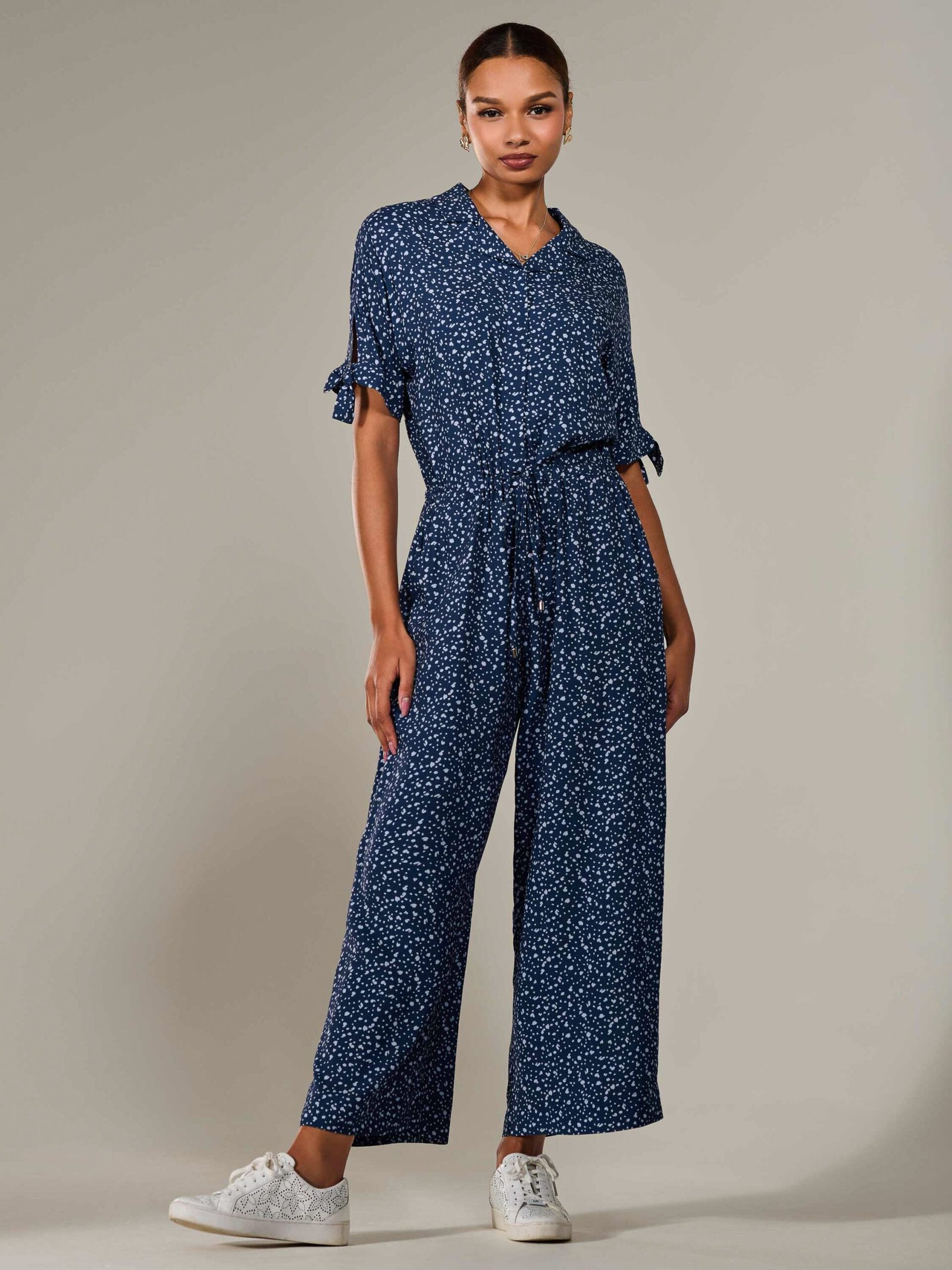 Wide Leg Half Sleeve Jumpsuit, Navy Spot