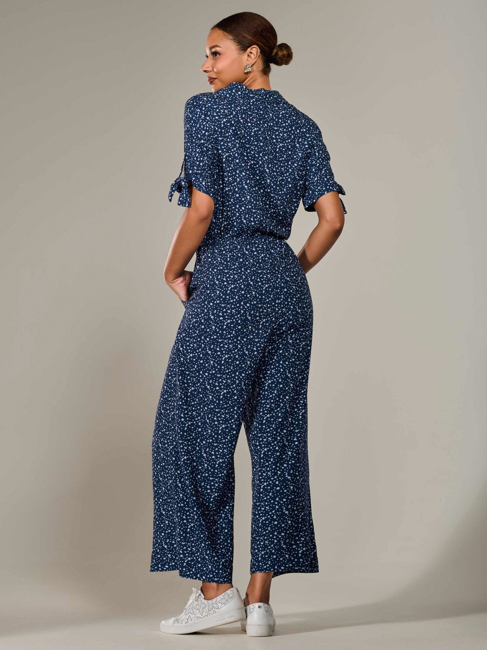 Wide Leg Half Sleeve Jumpsuit, Navy Spot - Image 2