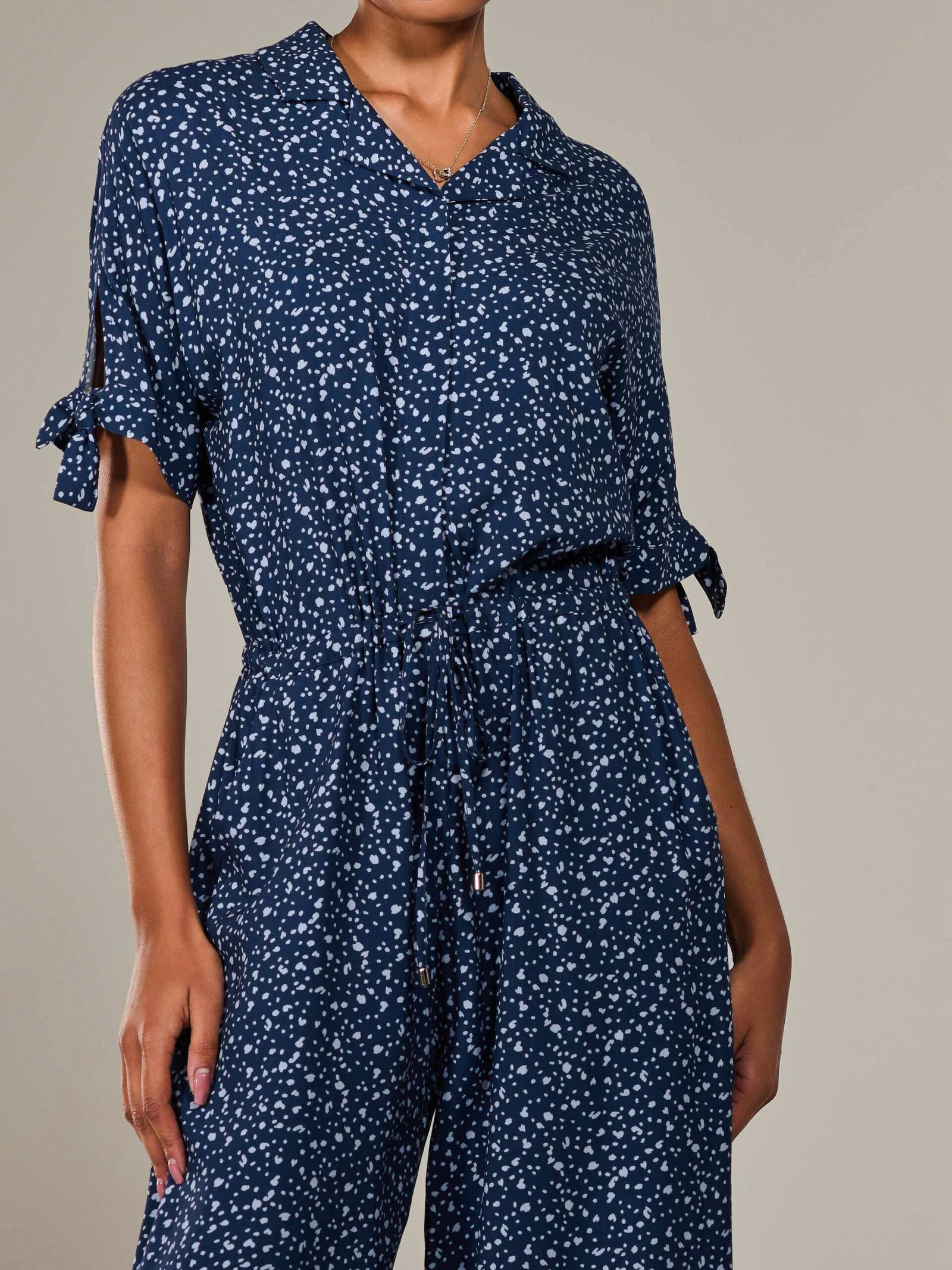 Wide Leg Half Sleeve Jumpsuit, Navy Spot - Image 3