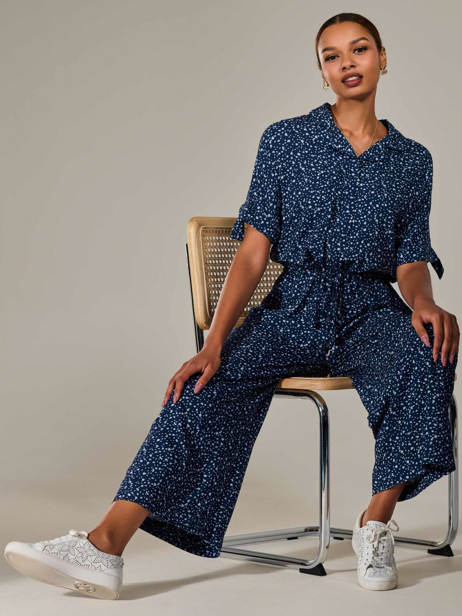 Wide Leg Half Sleeve Jumpsuit, Navy Spot - Image 4