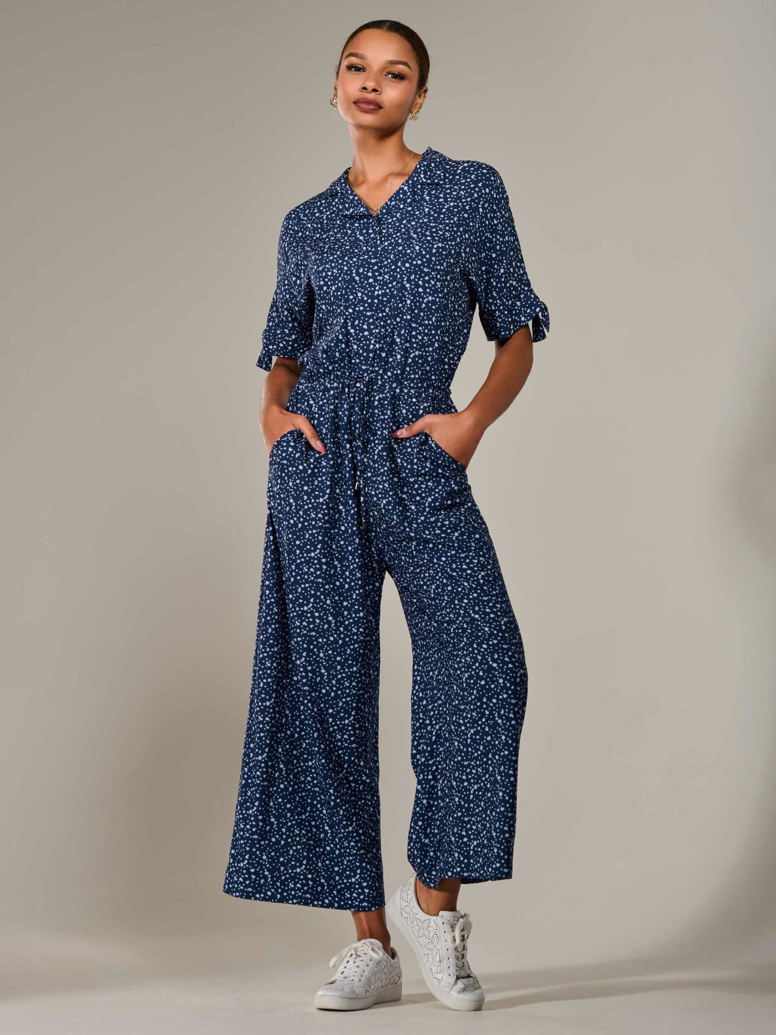 Wide Leg Half Sleeve Jumpsuit, Navy Spot - Image 5