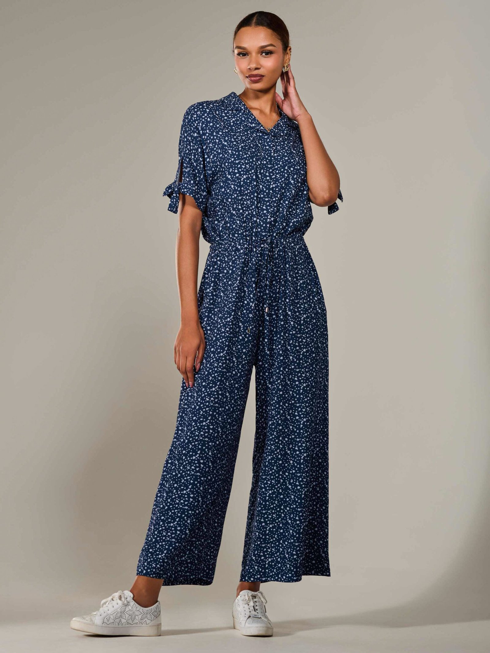 Wide Leg Half Sleeve Jumpsuit, Navy Spot - Image 6