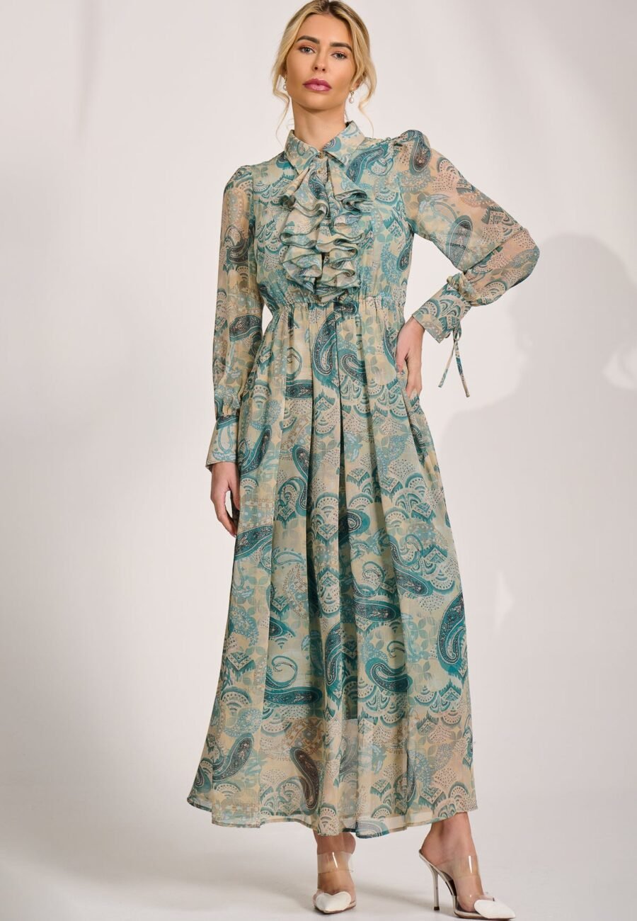 Long Sleeve Ruffle Chiffon Shirt Maxi Dress, Teal Paisley