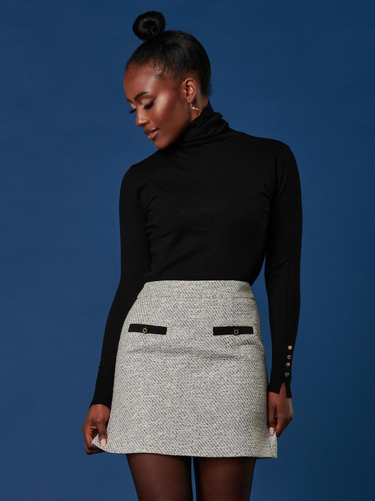 Contrast A-line Tweed Skirt, Monochrome - Image 8