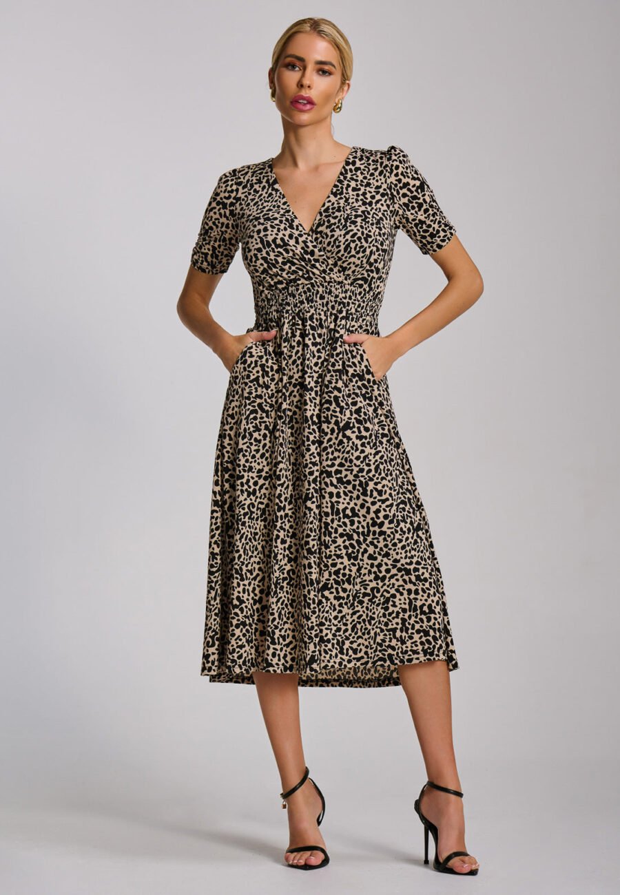 Short Sleeve Printed Jersey Midi Dress, Neutral Animal