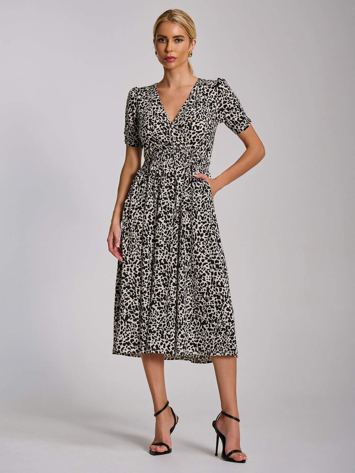 Short Sleeve Printed Jersey Midi Dress, White Animal - Image 5