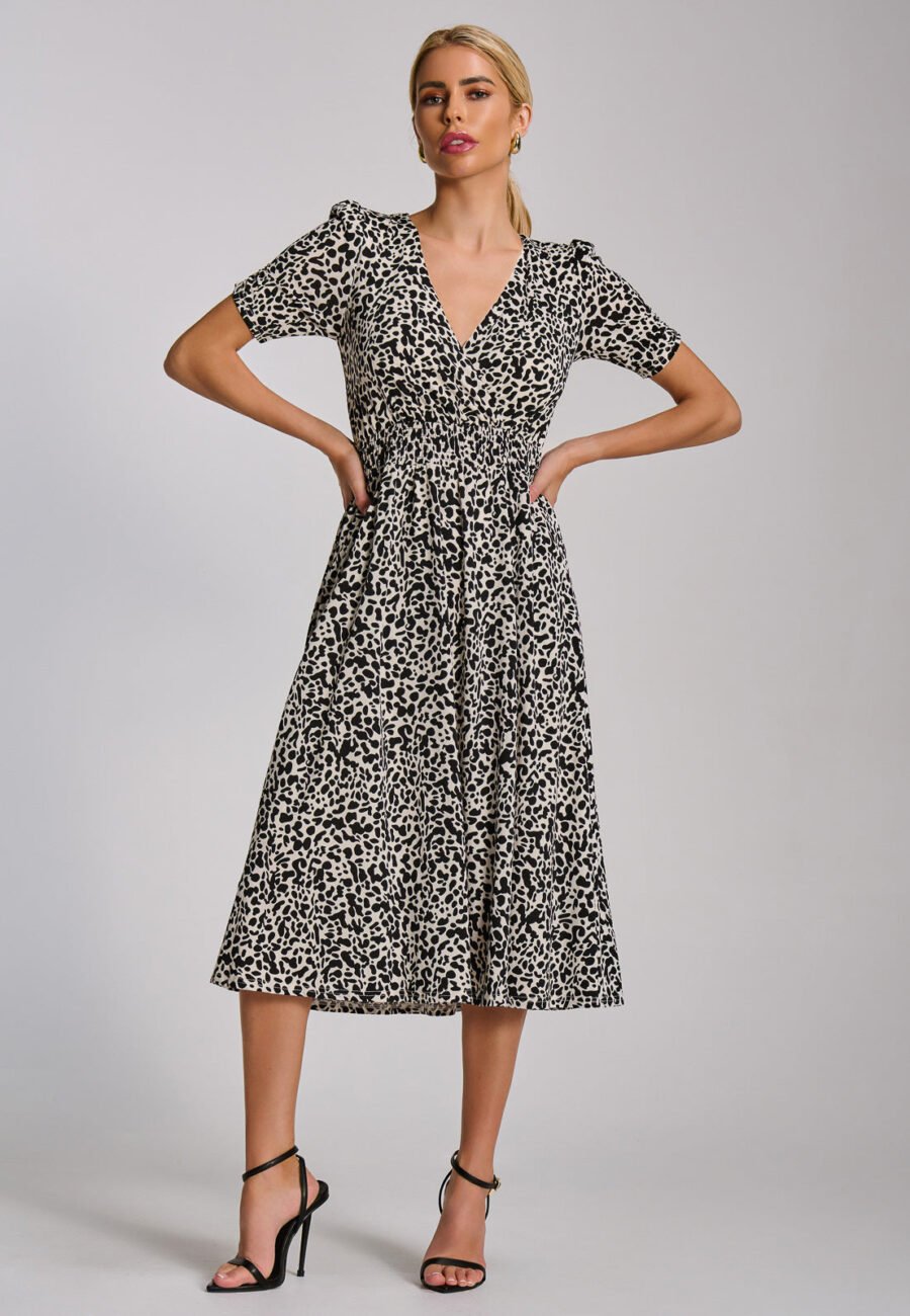 Short Sleeve Printed Jersey Midi Dress, White Animal