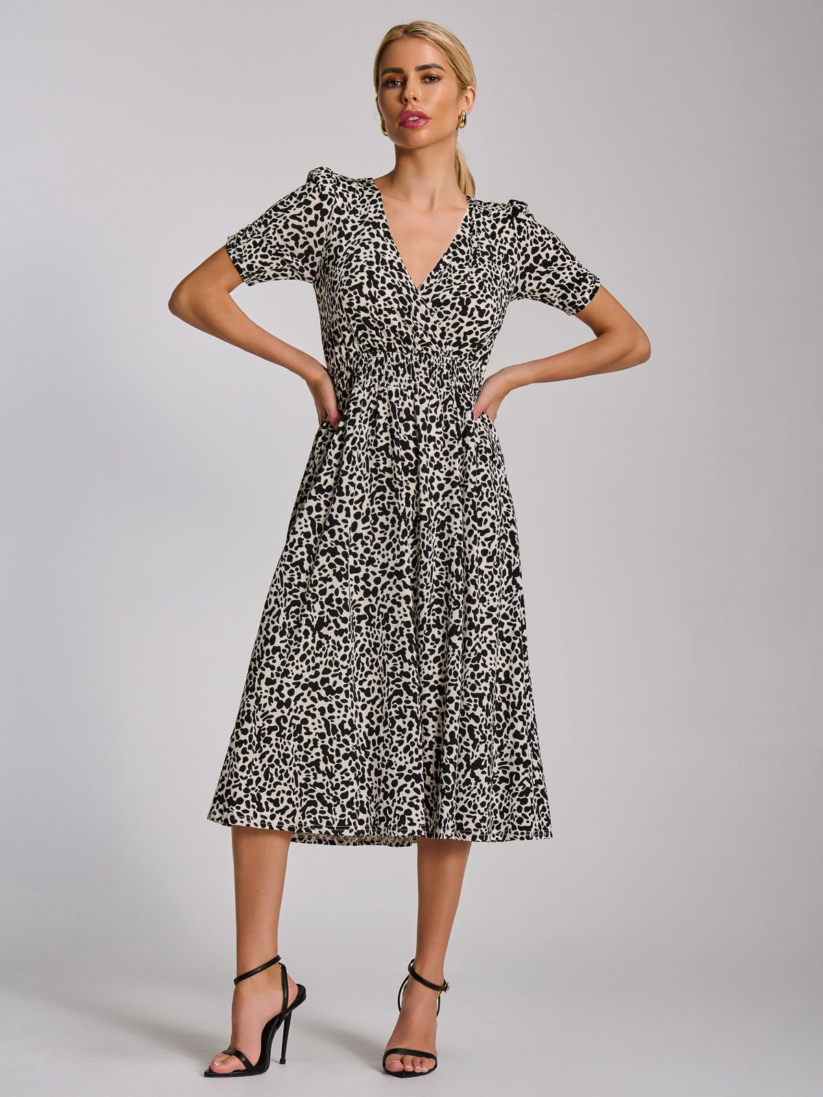 Short Sleeve Printed Jersey Midi Dress, White Animal