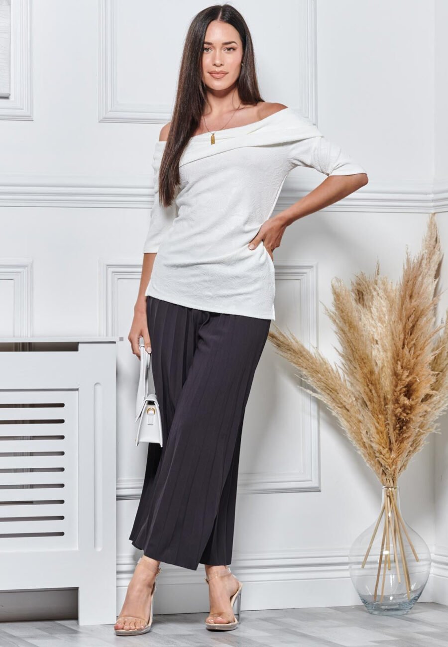 3/4 Sleeve Bardot Neck Top, White