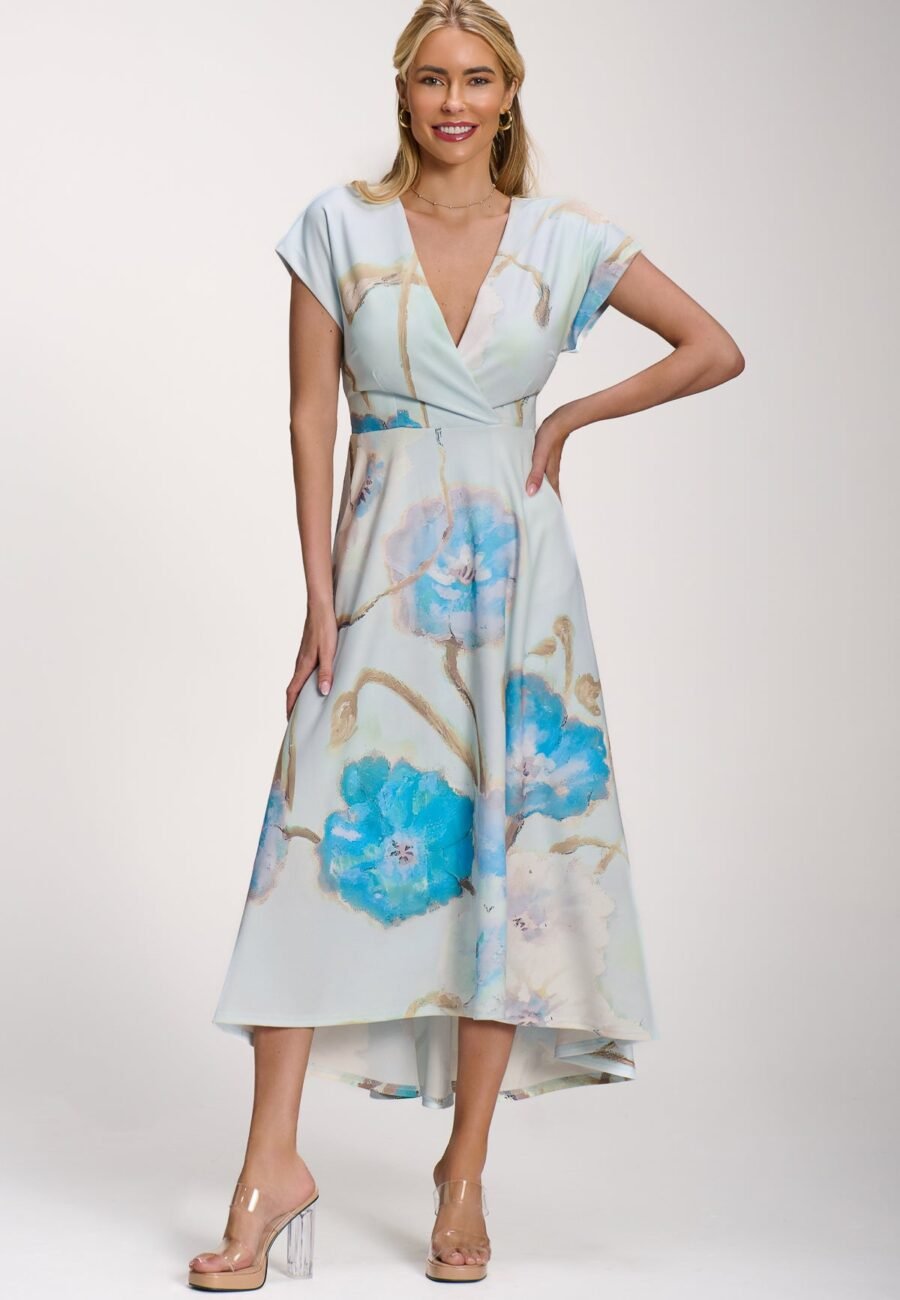 Printed Scuba Dipped Hem Midi Dress, Blue Floral