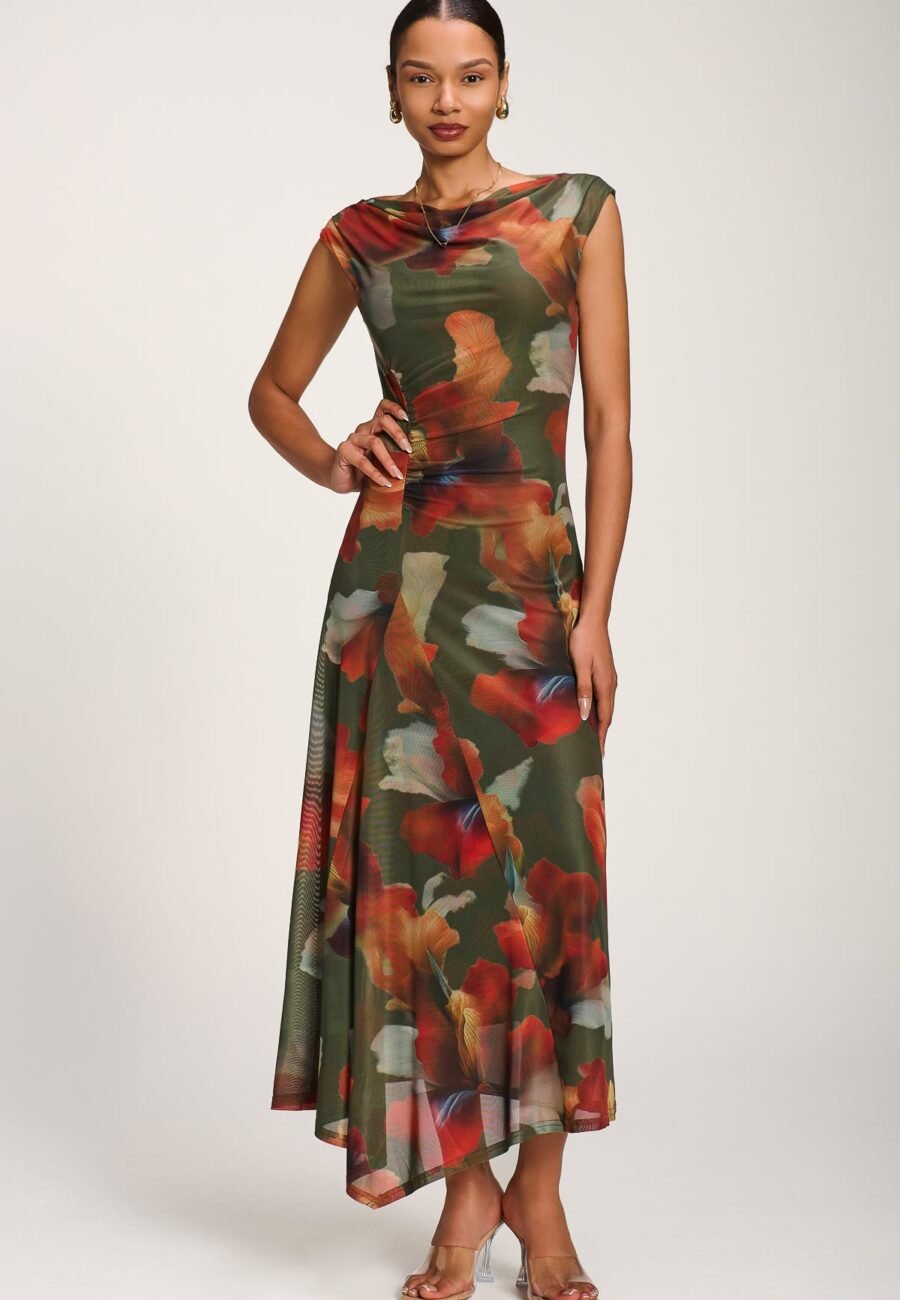 Asymmetric Draped Mesh Maxi Dress, Green Floral