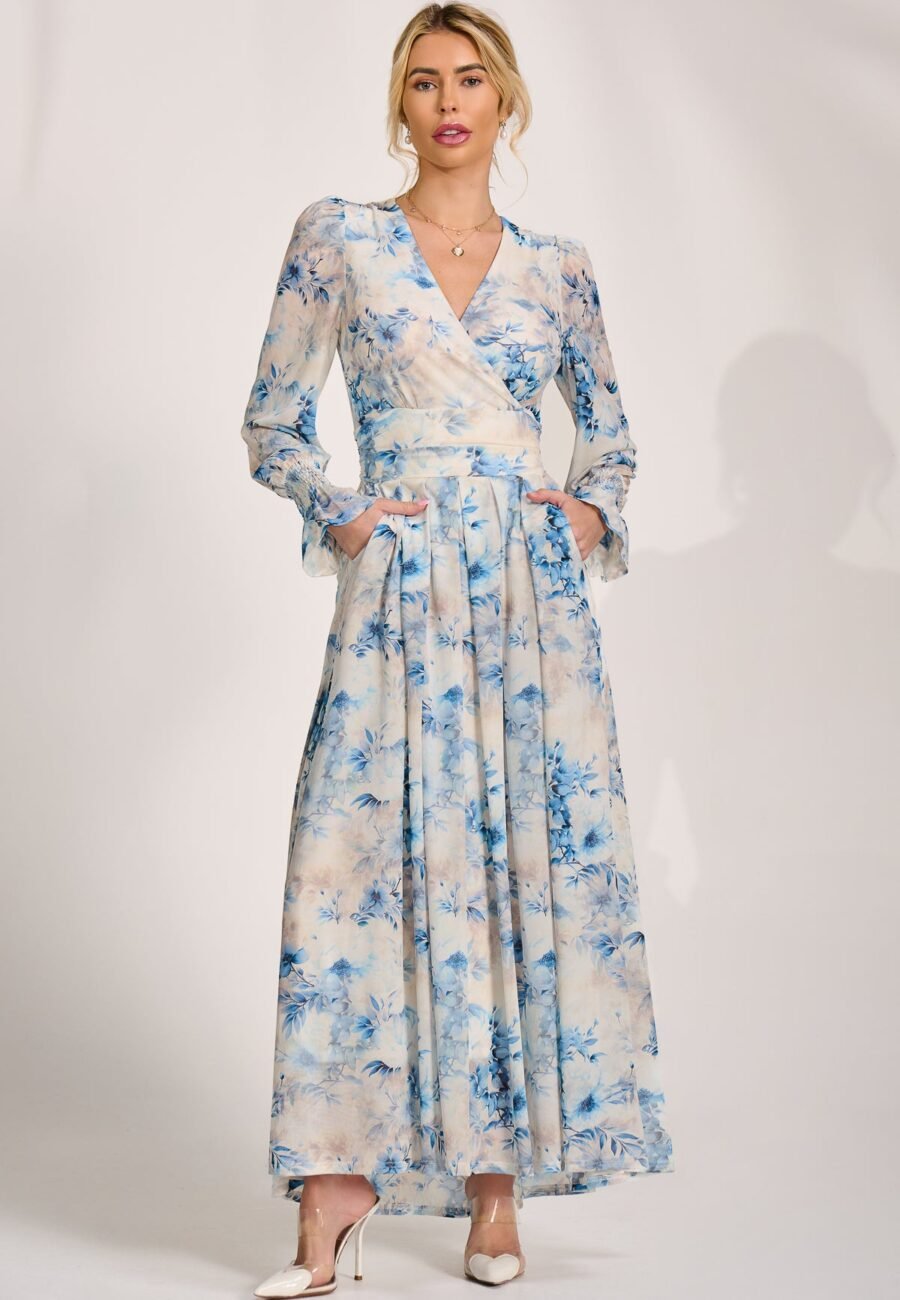 Long Sleeve V Neck Mesh Maxi Dress, Cream Floral