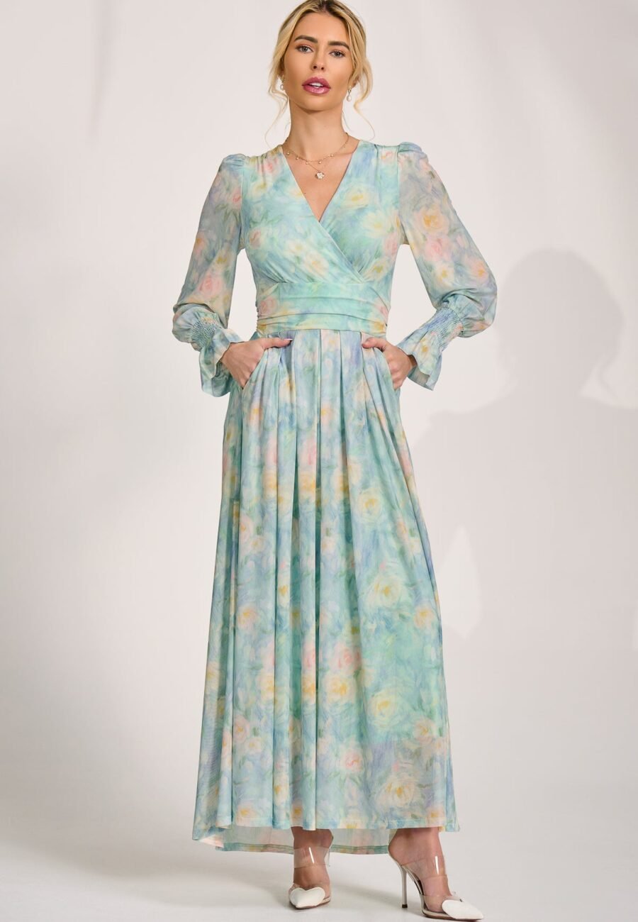 Long Sleeve V Neck Mesh Maxi Dress, Green Abstract