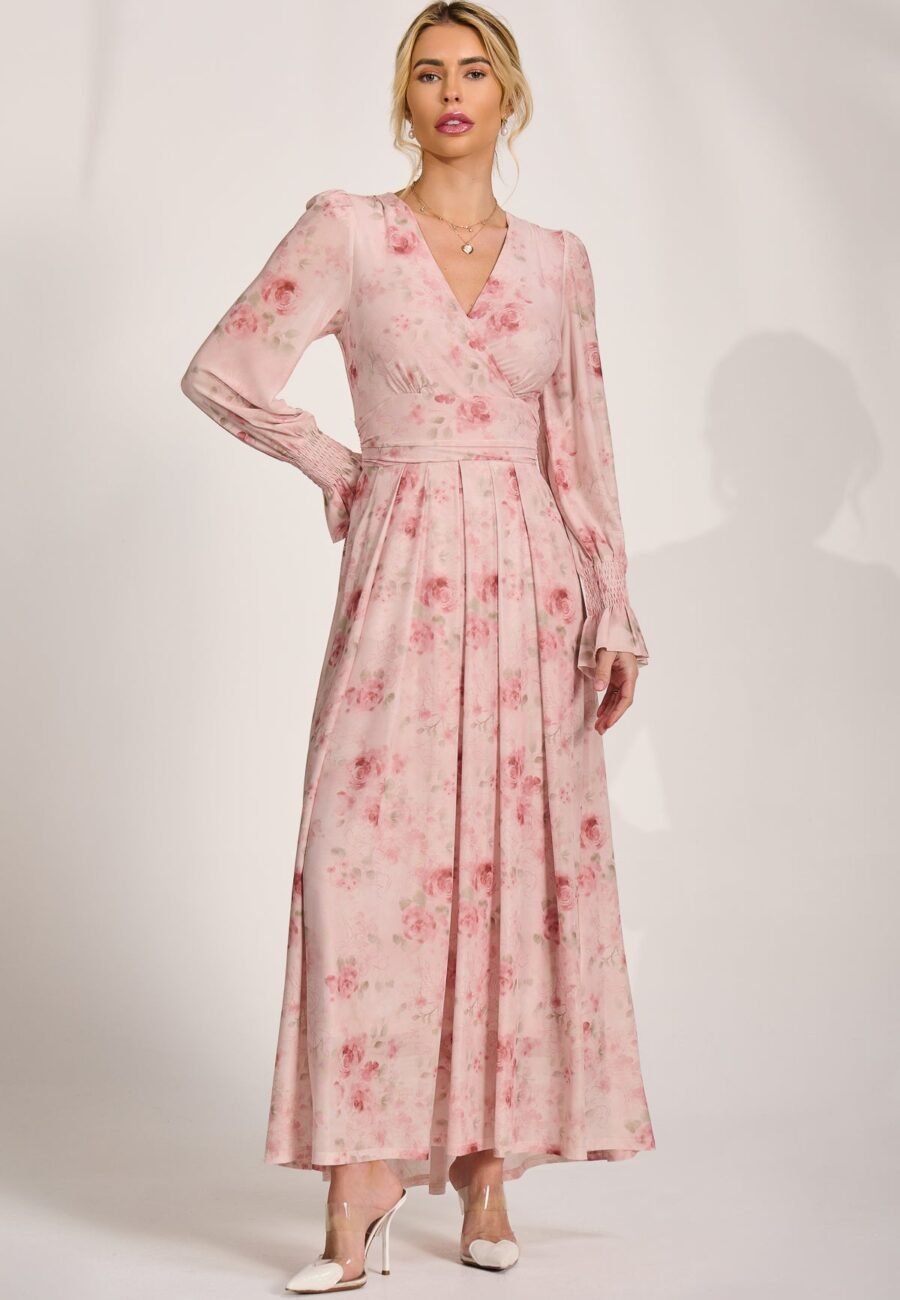 Long Sleeve V Neck Mesh Maxi Dress, Pink Floral