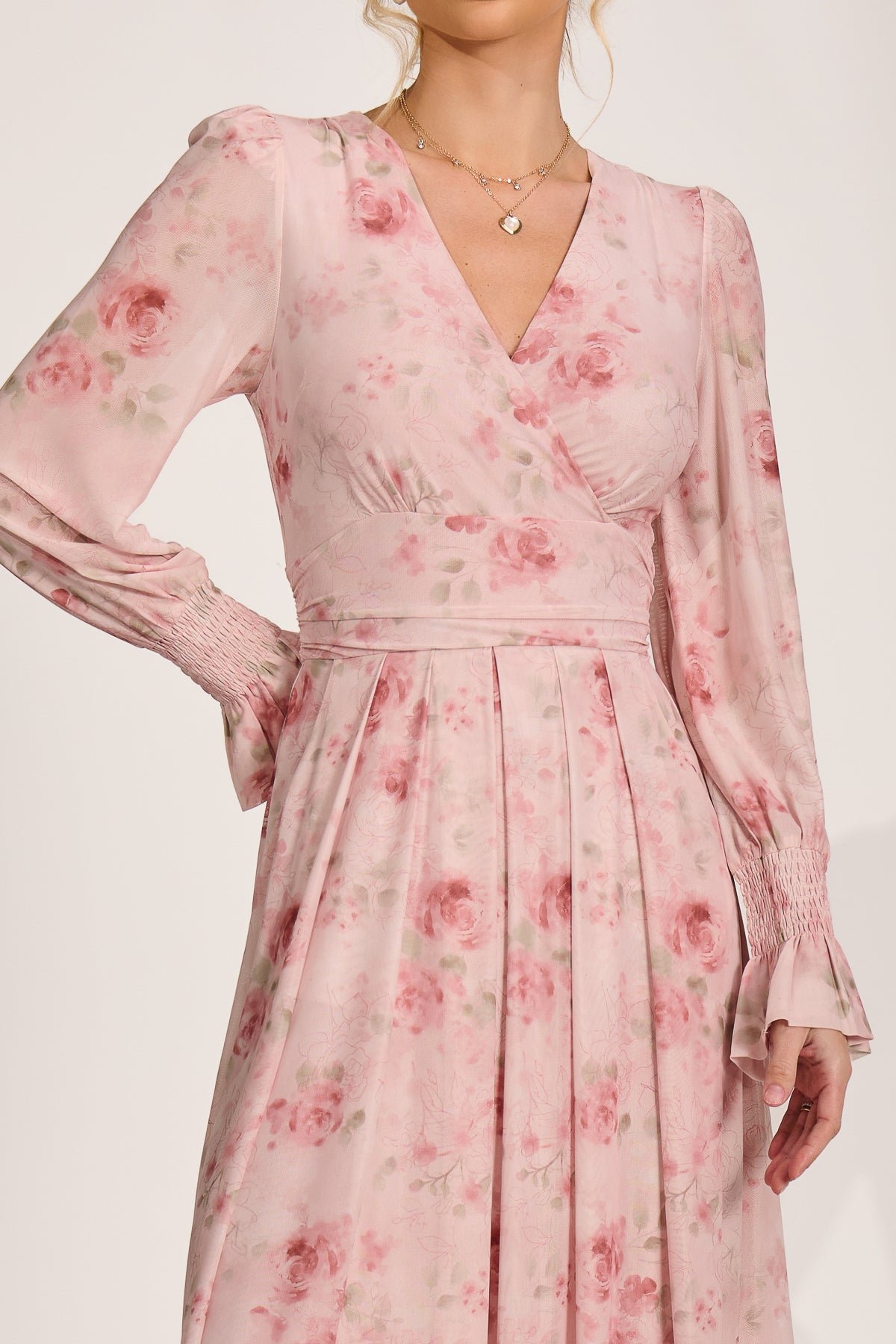 Long Sleeve V Neck Mesh Maxi Dress, Pink Floral - Image 3