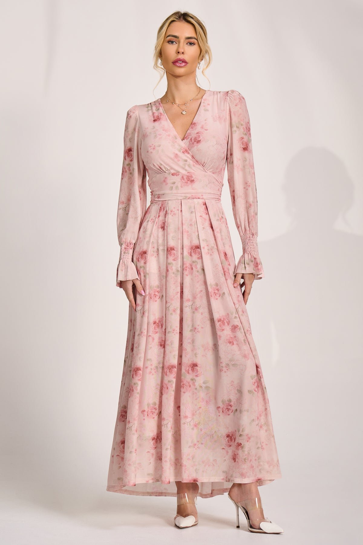 Long Sleeve V Neck Mesh Maxi Dress, Pink Floral - Image 6