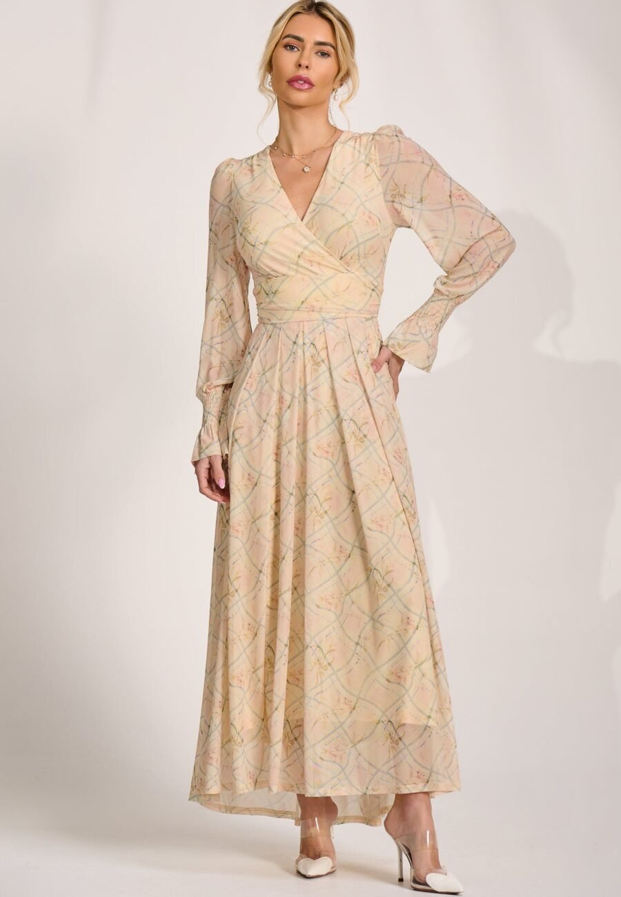 Long Sleeve V Neck Mesh Maxi Dress, Yellow Abstract