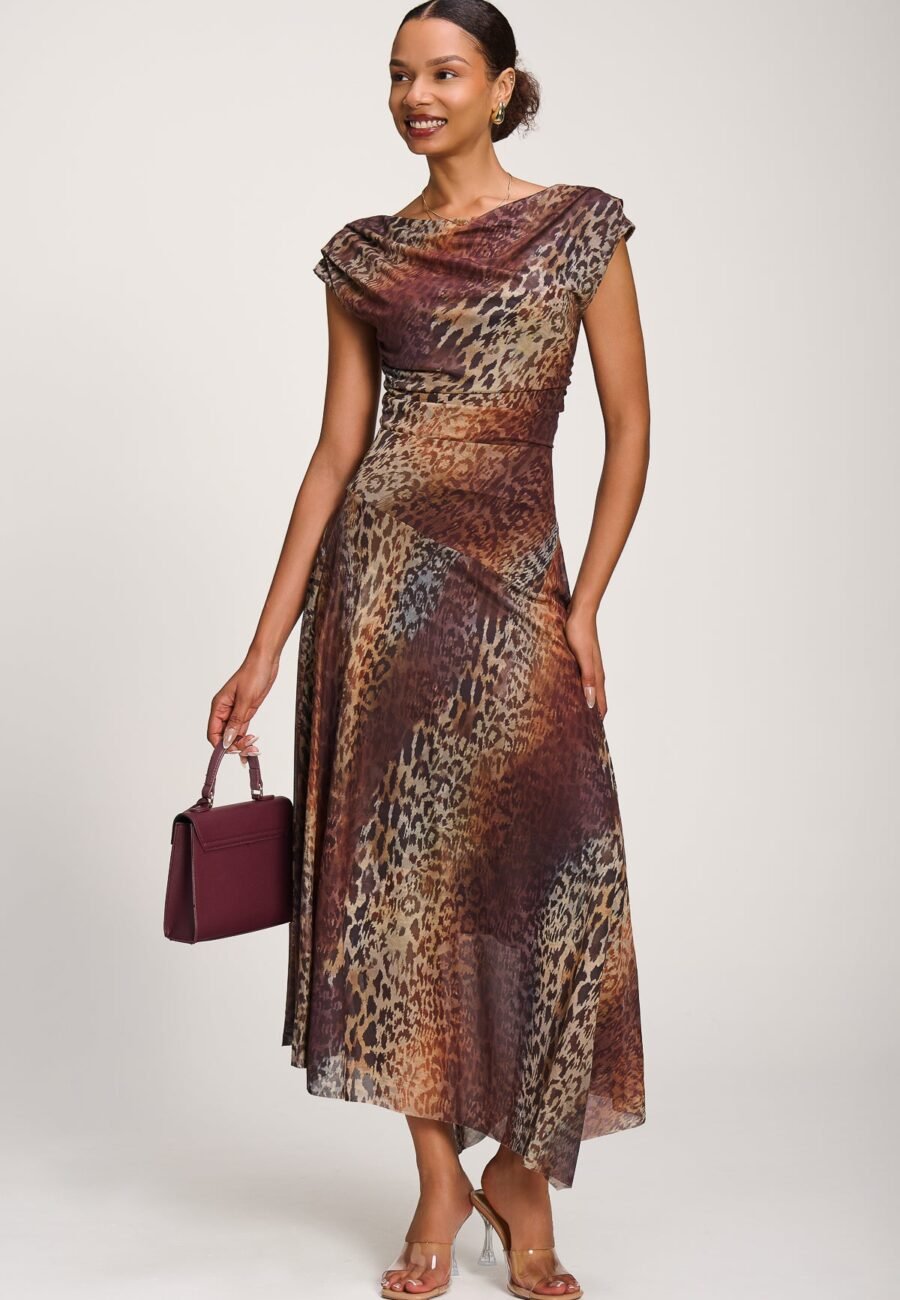 Asymmetrical Draped Mesh Maxi Dress, Brown Animal