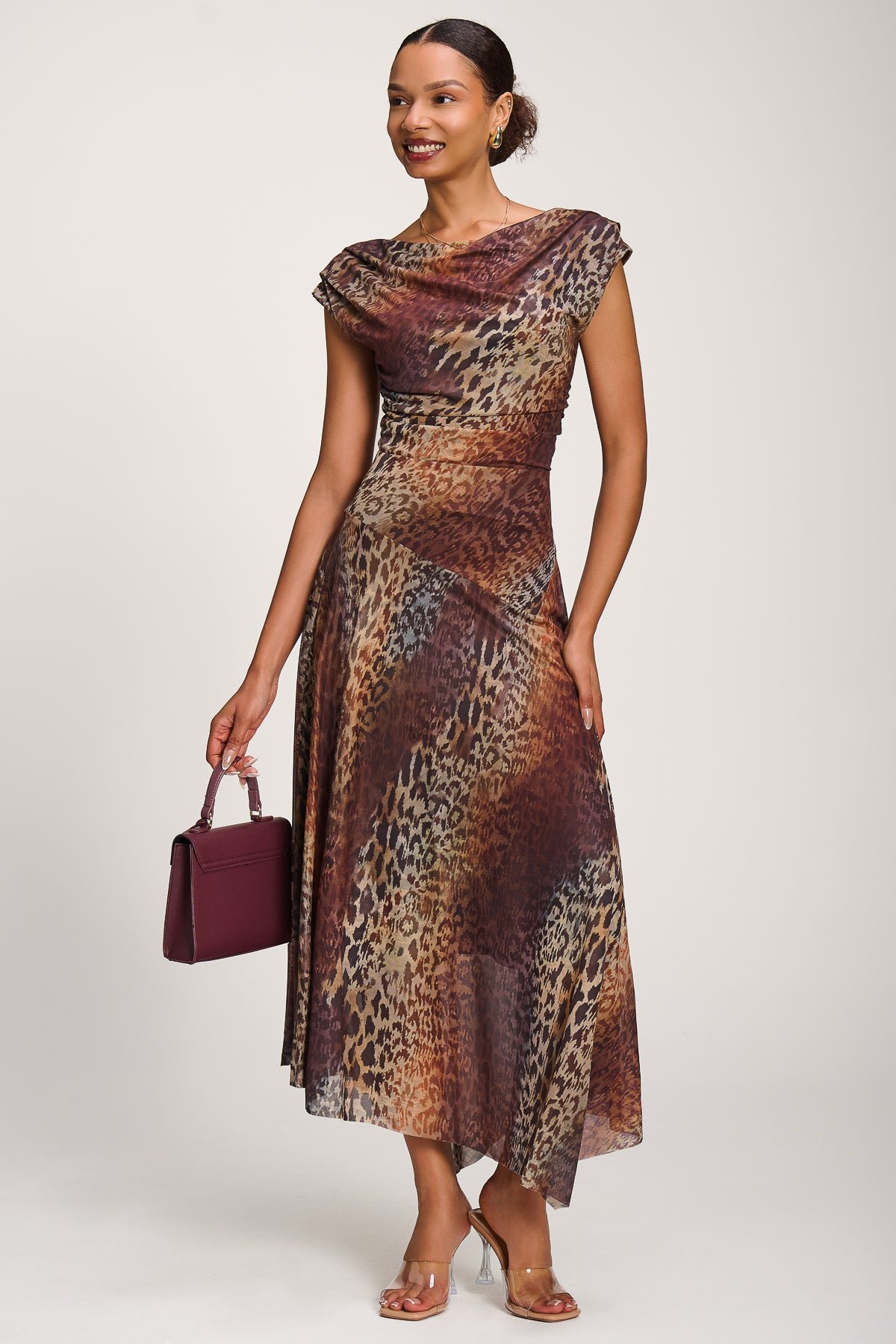 Asymmetrical Draped Mesh Maxi Dress, Brown Animal