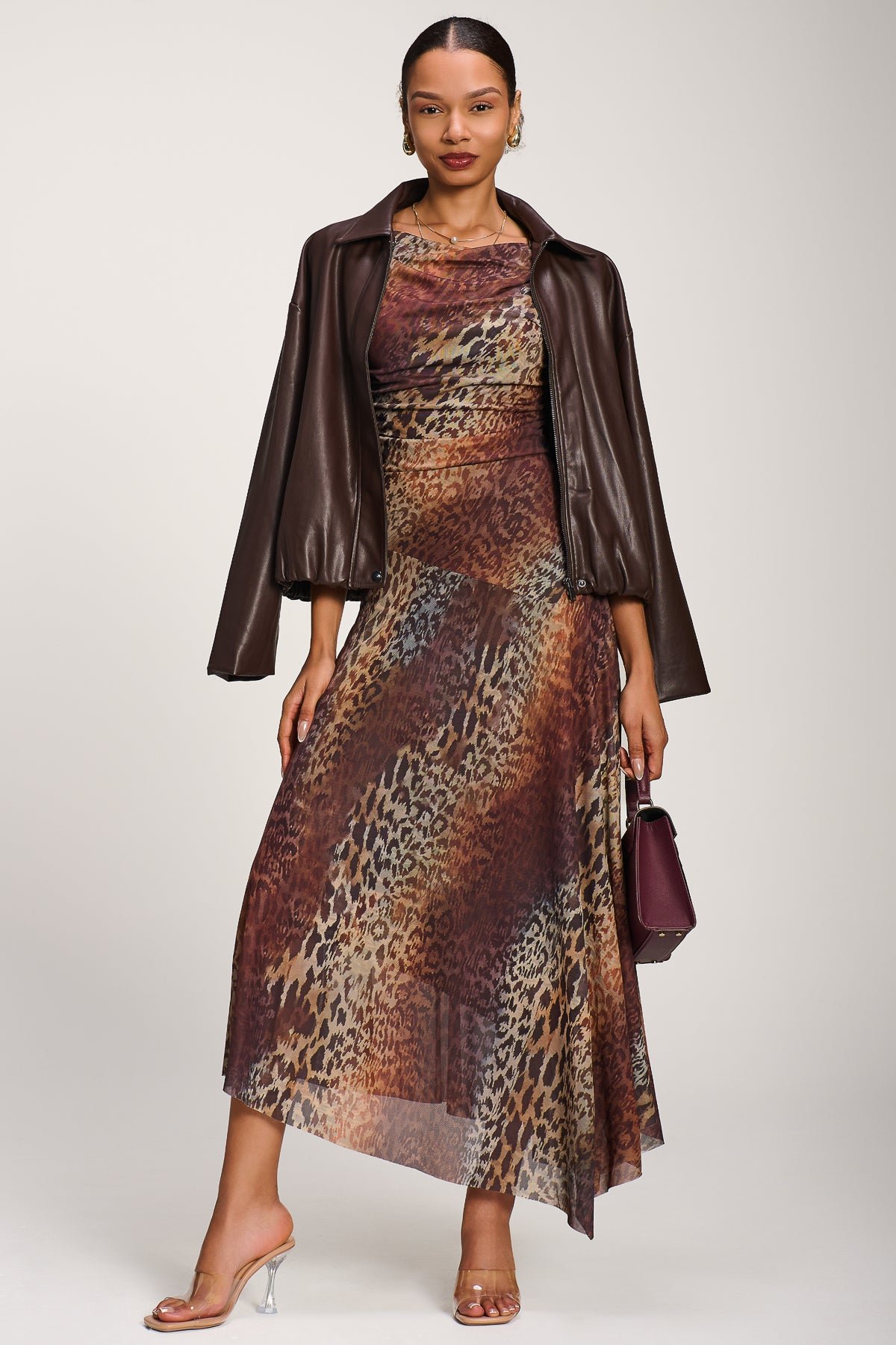 Asymmetrical Draped Mesh Maxi Dress, Brown Animal - Image 7