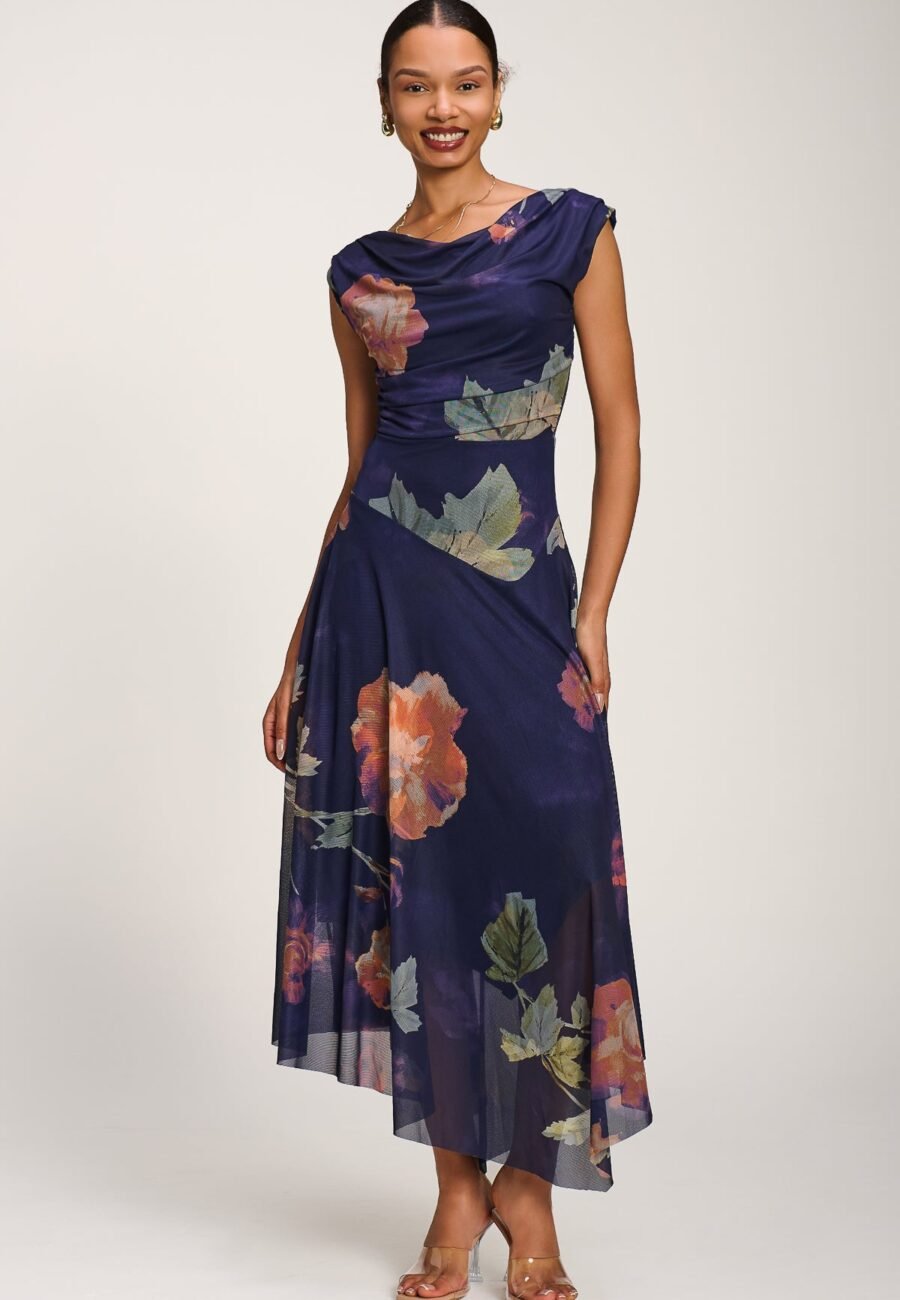 Asymmetrical Draped Mesh Maxi Dress, Navy Floral