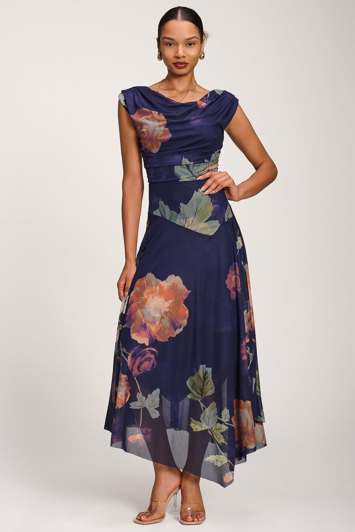 Asymmetrical Draped Mesh Maxi Dress, Navy Floral - Image 4