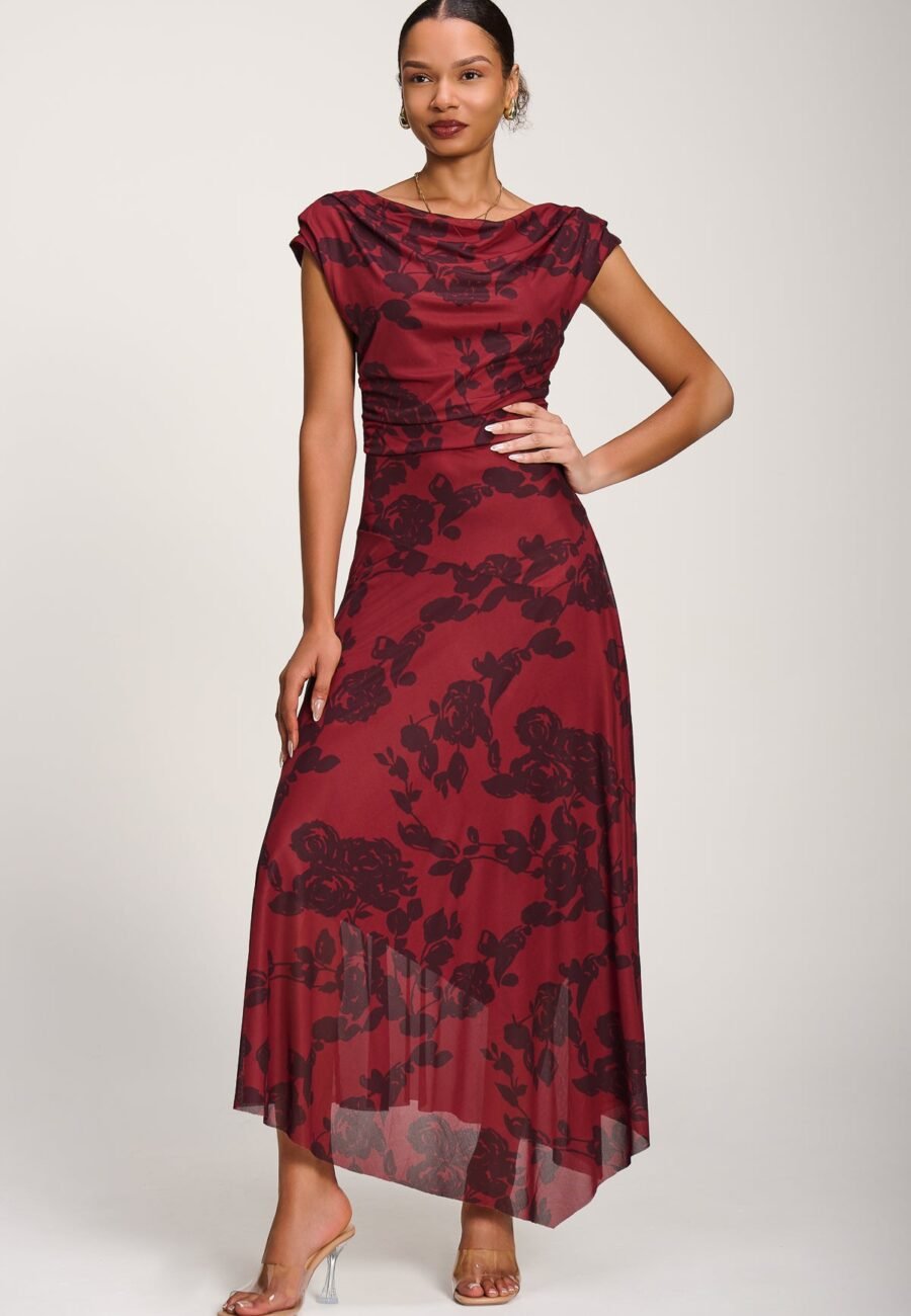 Asymmetrical Draped Mesh Maxi Dress, Red Floral