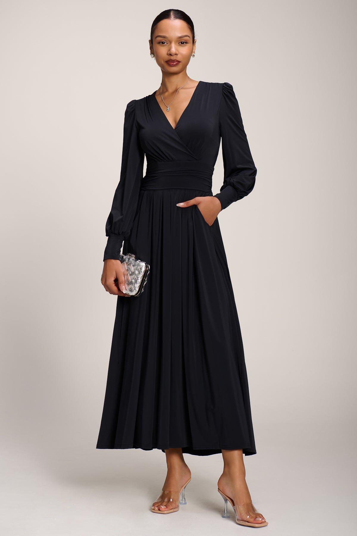 Long Sleeve Soft Jersey Maxi Dress, Black