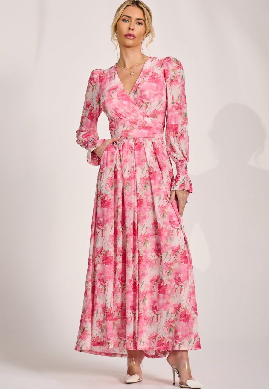 Long Sleeve Dip Hem Mesh Maxi Dress, Pink Floral