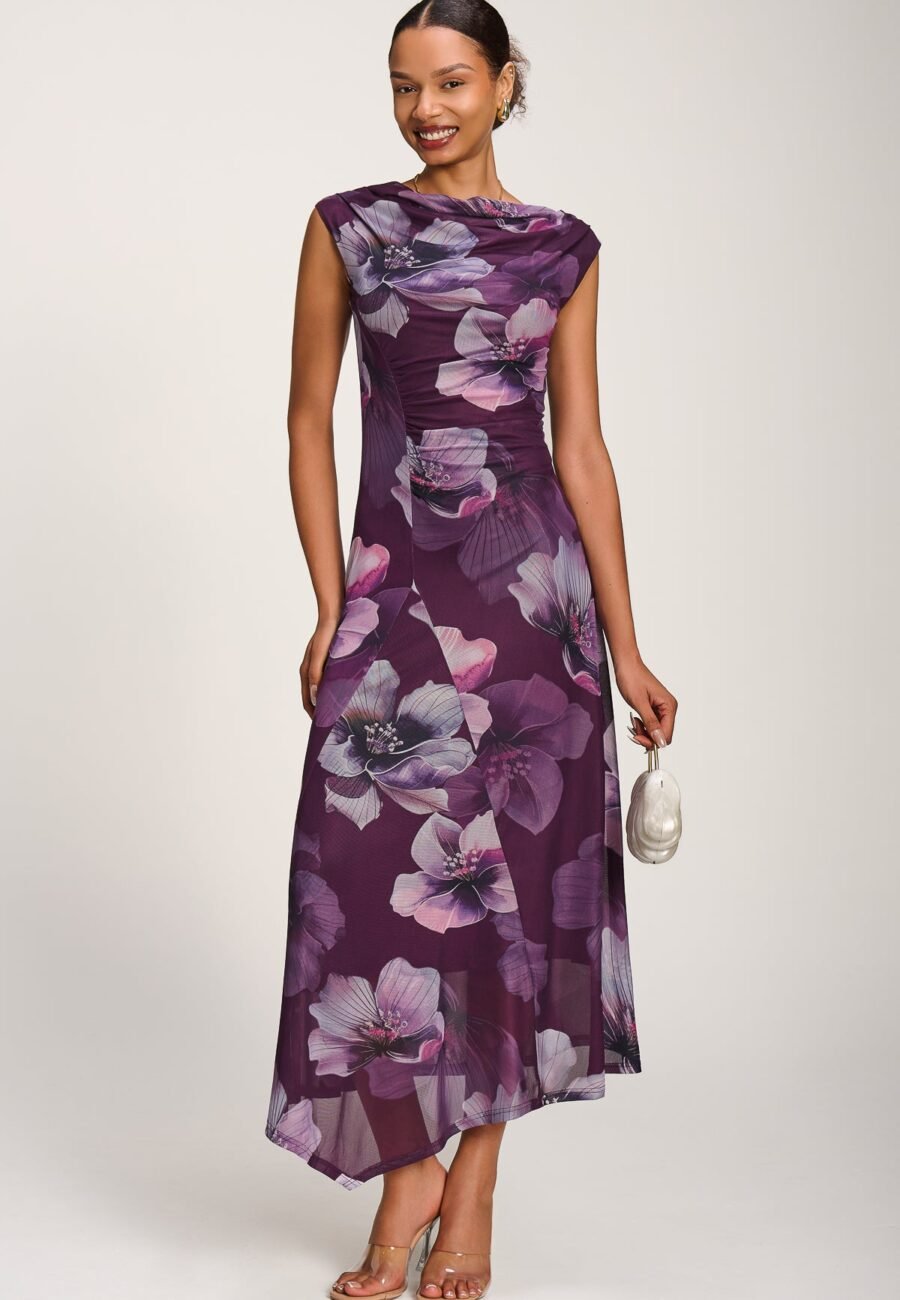 Asymmetric Draped Mesh Maxi Dress, Purple Floral
