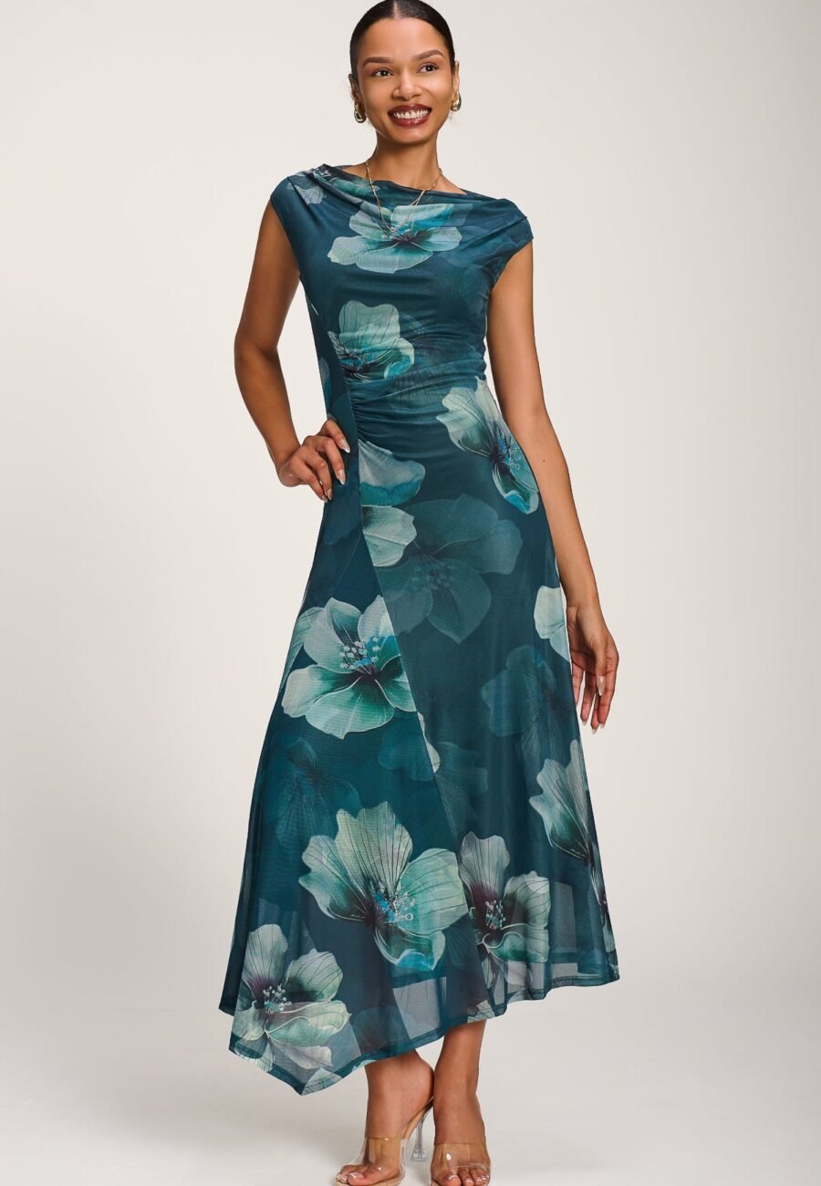 Asymmetric Draped Mesh Maxi Dress, Teal Floral