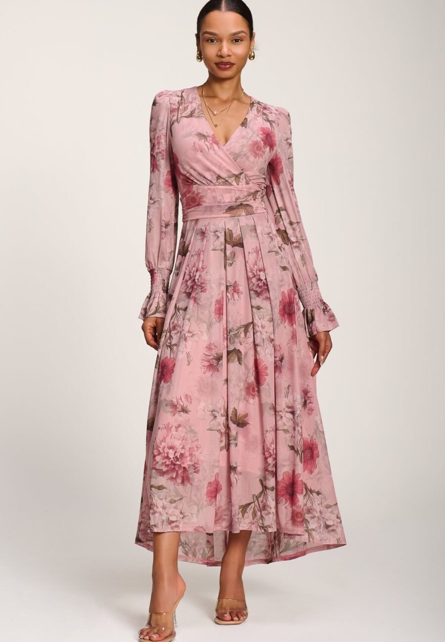 Long Sleeve V Neck Mesh Maxi Dress, Pink Floral