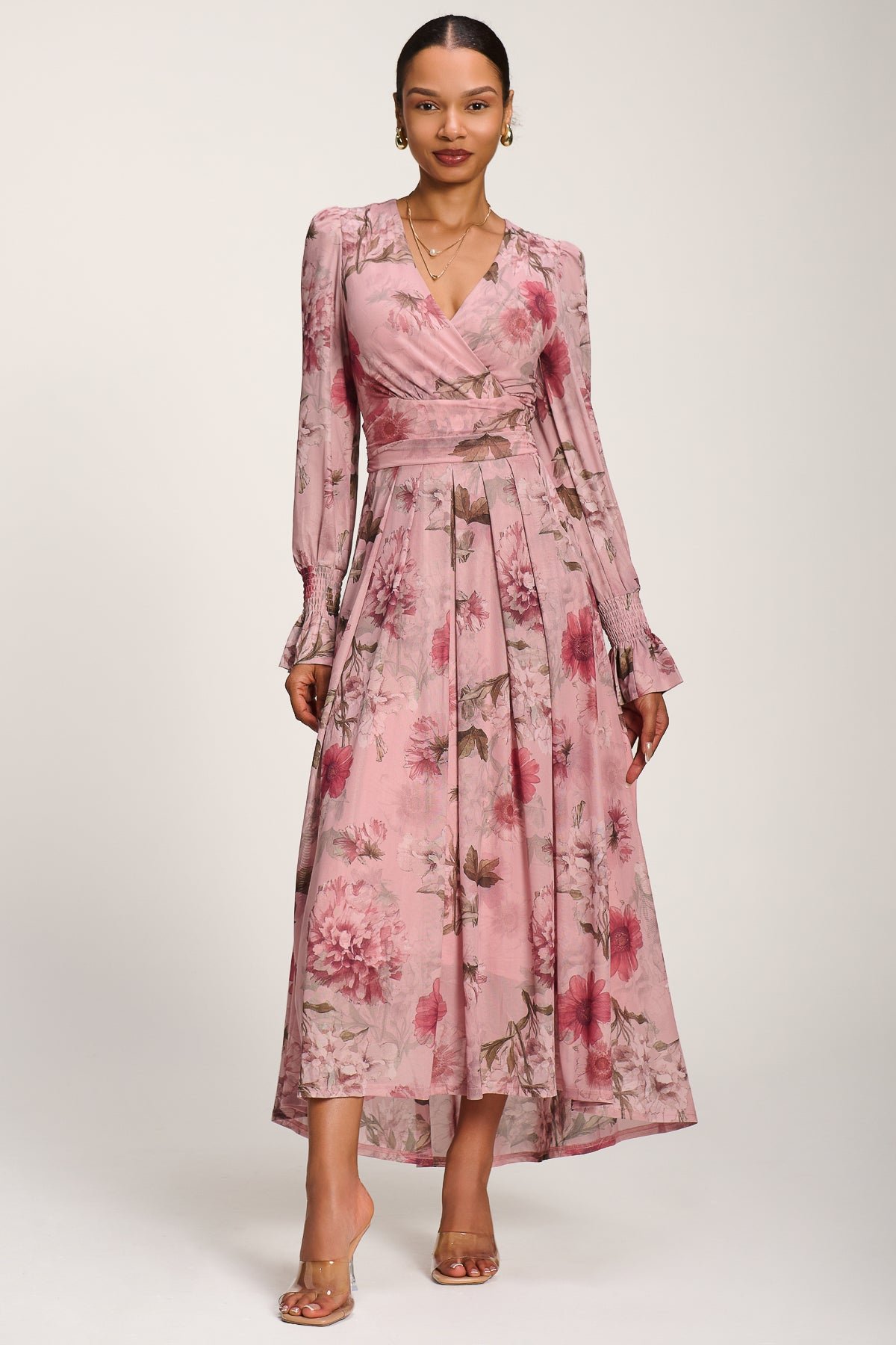 Long Sleeve V Neck Mesh Maxi Dress, Pink Floral