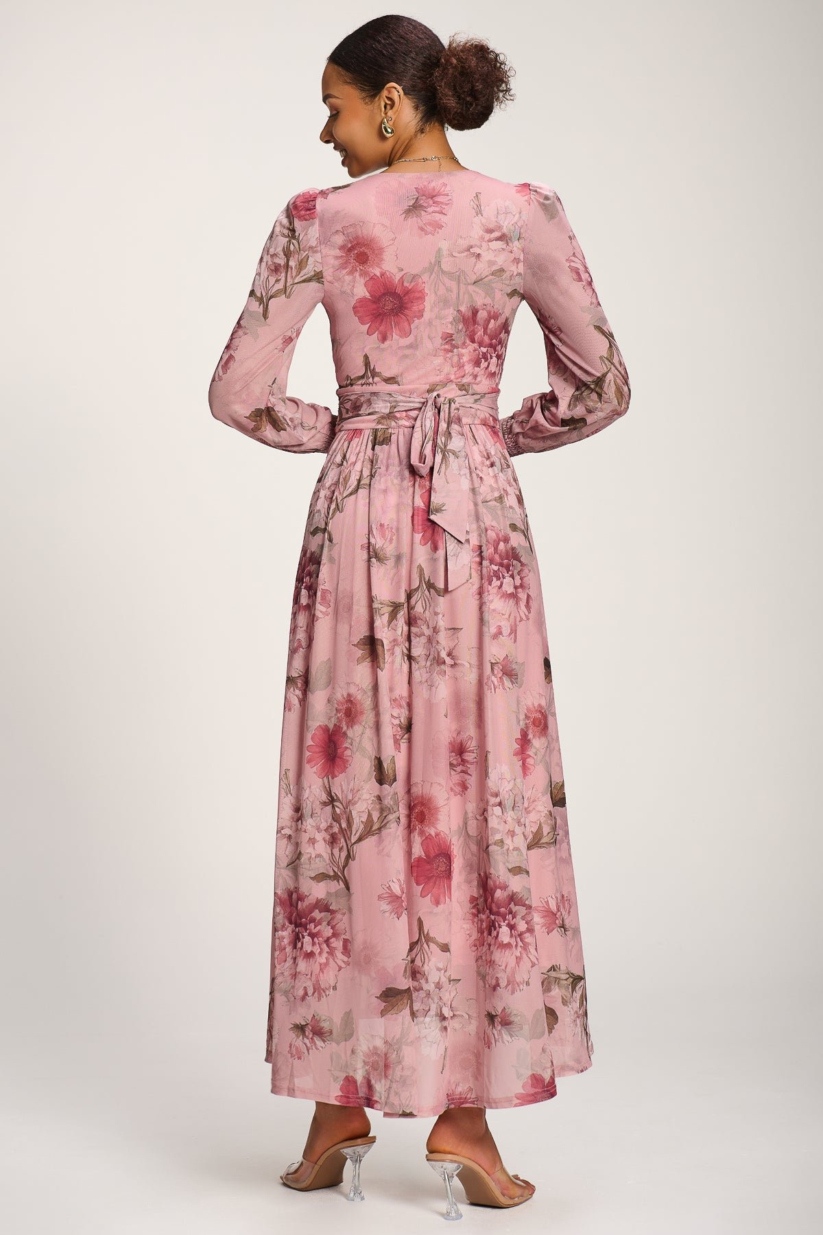 Long Sleeve V Neck Mesh Maxi Dress, Pink Floral - Image 2