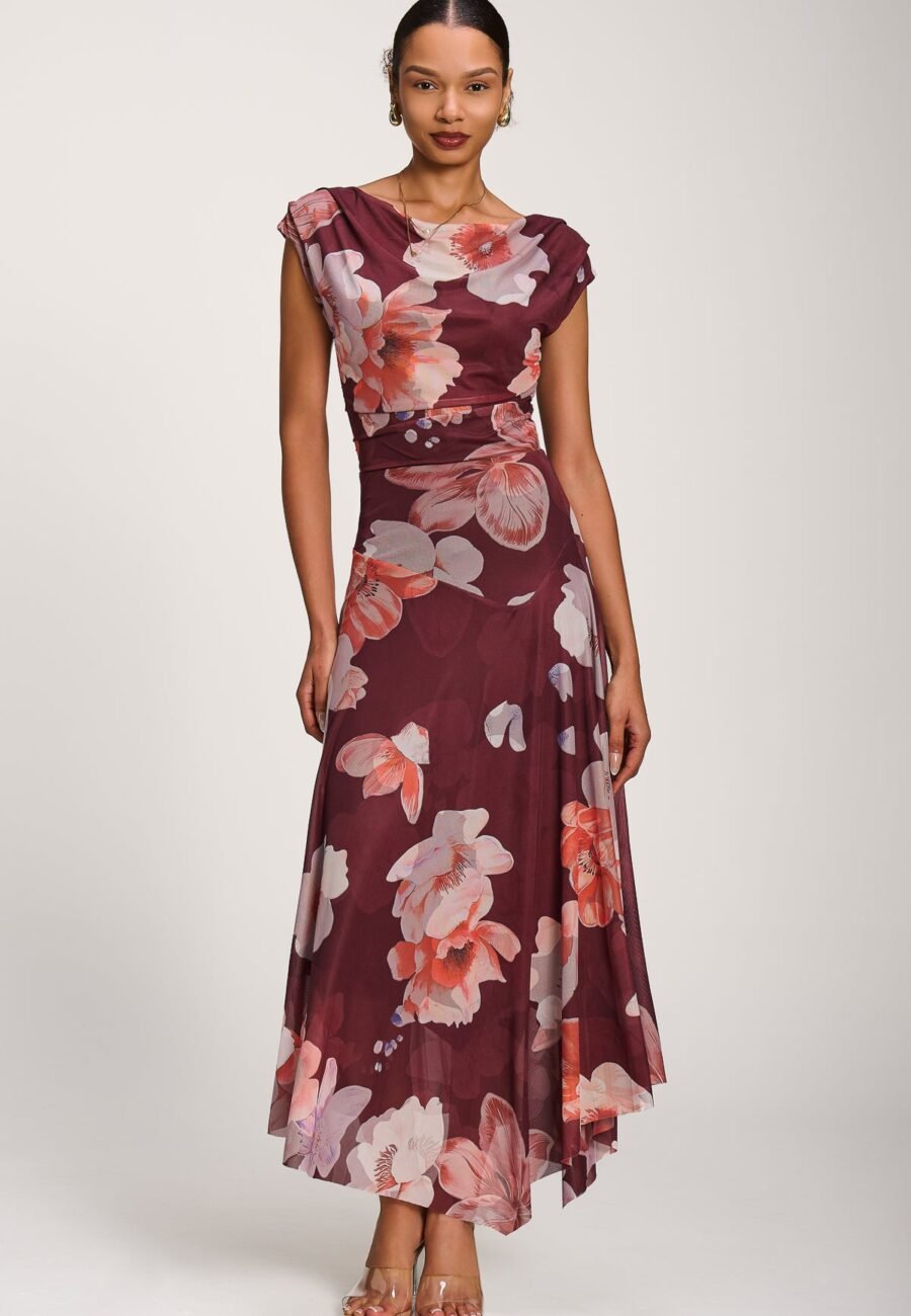 Asymmetrical Draped Mesh Maxi Dress, Burgundy Floral