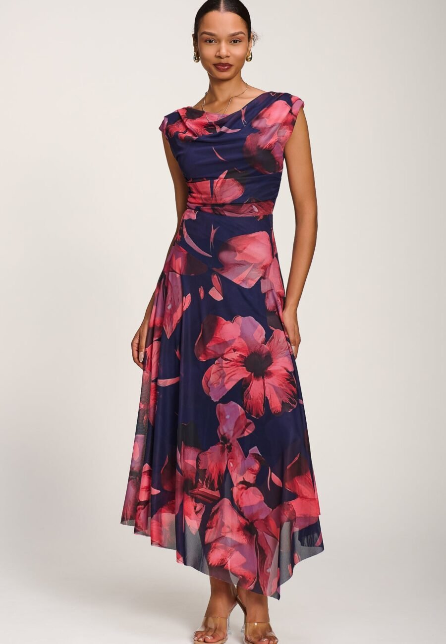 Asymmetrical Draped Mesh Maxi Dress, Navy Floral